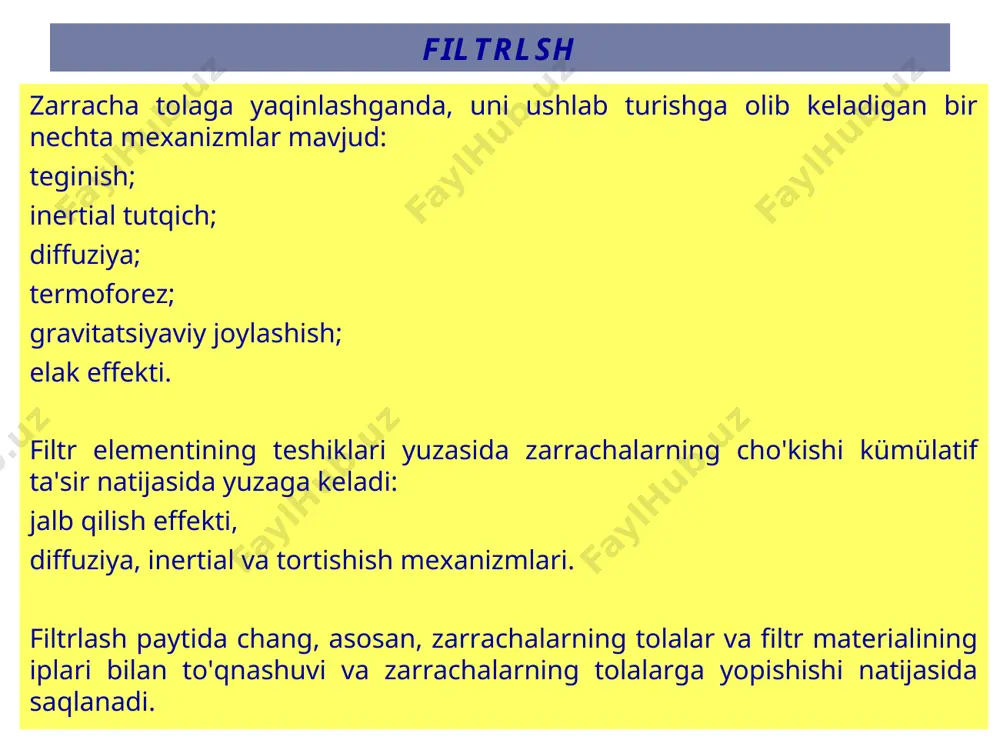 po'latdan (yoki zanglamaydigan po'latdan) simli to'r beriladi. to'r matoni bir tekisda qo'llab-quvvatlash va yengning egiluvchanligi va ishqalanishini kamaytirish uchun mo'ljallangan, shu bilan tozalash paytida changning optimal chiqishini ta'minlaydi. yenglarning yuqori uchlari ramkaga osib qo'yish uchun ilgaklar bo'lgan qopqoqlar bilan yopiladi. yengli filtrlar * yengli filtrlari qo'l filtrlarini tasniflash quyidagi belgilar bo'yicha mumkin:fanning filtrga nisbatan joylashishi (assimilyatsiya-vakuum ostida ishlash; tushirish-bosim ostida ishlash);to'qimalarni tiklash usuli (chayqash, teskari puflash, impulsni tozalash va boshqalar);matoni joylashtirish uchun korpusning mavjudligi va shakli - to'rtburchaklar, silindrsimon, ochiq (tubeless);o'rnatishdagi bo'limlar soni (bitta va ko'p kamerali);amaldagi mato turi (masalan, shisha tolali mato). *