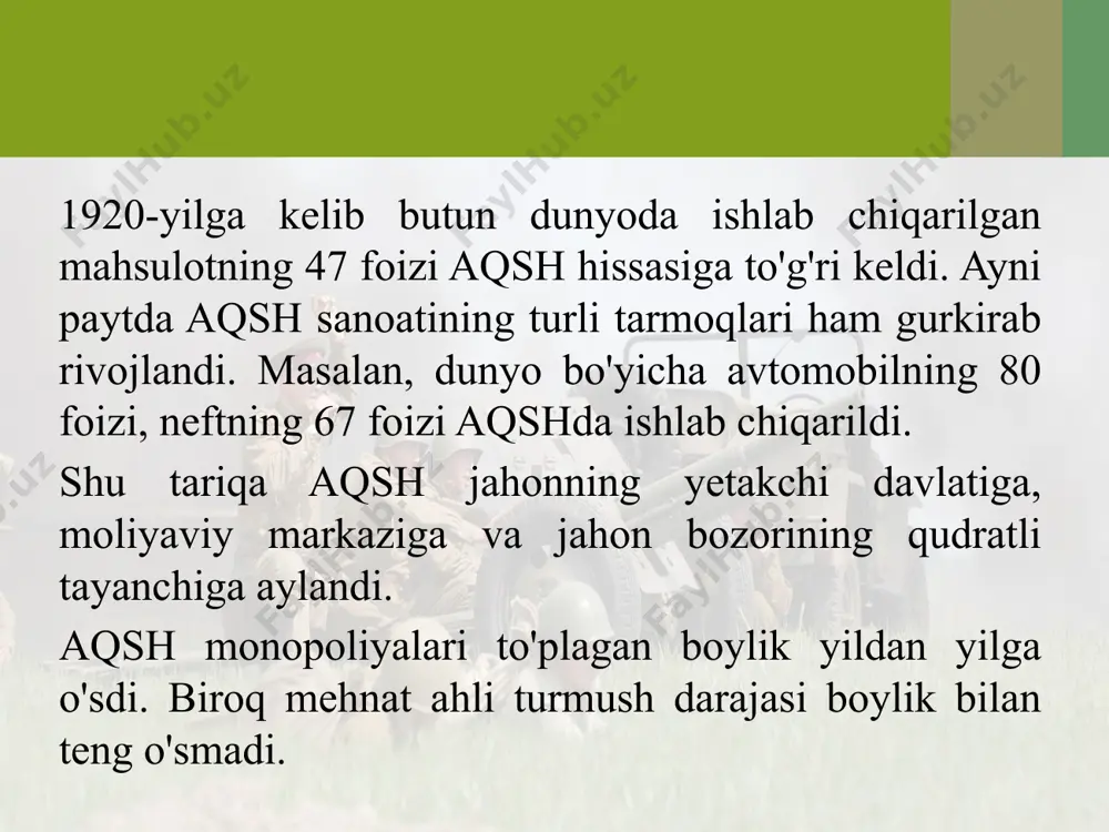 o'z mavqeini mustahkamlash niyatida prezident u. carding (1921 - 1923) talabi bilan 1921-yilda vashington konferensiyasini chaqirishga erishdi. aqsh kuchaya borgan sari, boshqa buyuk davlatlarni jahon bozorlarida ta'qib eta boshladi. xususan, buyuk britaniyaning markaziy va janubiy amerika bozoridagi o'rniga zarba berdi. masalan, 1913-1927-yillar oralig'ida buyuk britaniyaning bu mintaqa davlatlari importida ulushi 25% dan va 16% ga tushib qoldi. aqsh ning ulushi 24% dan 38% ga ortdi. aqsh ning janubiy amerika davlatlariga joylashtirgan sarmoyasi esa 13 baravar ko'paydi. prezident k. kulij (1923—1929) davrida lotin amerikasi xalqlarining milliy-ozodlik kurashlari ayovsiz bostirildi. 1928-yilga kelganda lotin amerikasining 20 davlatidan 14 tasi aqsh ga moliyaviy qaram bo'lib qoldilar. shu tariqa g'arbiy yarim sharda aqsh sarmoyasi tanho hukmronlik qila boshladi. prezident g. guver davrida (1929-1932) aqsh ning harbiy xarajatlari yildan yilga o'sib bordi. xususan, 1929-yilda aqsh ning harbiy xarajatlari fransiya va yaponiyaning birgalikdagi harbiy xarajatlaridan ko'p bo'ldi. sovet davlatini tan olmaslik siyosati davom ettirildi. aqsh germaniya iqtisodiy …