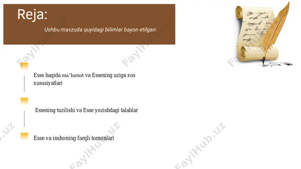 i esse. argumentli esseda o’quvchi esse boshidanoq o‘z shaxsiy nuqtai- nazarini bildiradi, uni qattiy tarzda faktlar orqali dalillaydi. i jodiy esse. ijodiy esseni o’quvchi asar yuzasidan olgan taasurotlaridan kelib chiqib yozadi. 2022 2022 2022 12 may 2022 esse yozishda quyidagi talablarga qat’iy rioya qilinishi kerak! 01 shaxsiy munosabatni bildirishi 02 tezis – kalit so‘zni to‘g‘ri aniqlash 03 faktli dalillar (argumentlar) 04 nazariyaga asoslanish 05 atamalarni o‘z o‘rnida qo‘llash esse yozishda quyidagi talablarga qat’iy rioya qilinishi kerak! 01 sitatalar keltirish 02 mantiqiy qonuniyatning saqlanishi 03 taqqoslash va xulosalash usullaridan foydalanish 04 savodlilik (uslubiy, imlo, tinish belgilari) 05 foydalanilgan ilmiy manbalarga havolalar davomi 1.kirish 2.asosiy qism 3.xulosa essening tuzilishi mavzuni mantiqiy va uslubiy jihatdan bog‘lab oydinlashtirish. bu bosqichda qalamga olingan mavzuni yoritish uchun savolni to‘g‘ri qo‘yish muhim. mavzuning nazariy asosi va savolning mazmunini bayon etuvchi bo‘lim. xulosa qilib aytganda, asosiy qismda keltirilgan har bir tezis bo‘yicha barcha xulosalar birlashtiriladi. o‘quvchi berilgan dalillar …