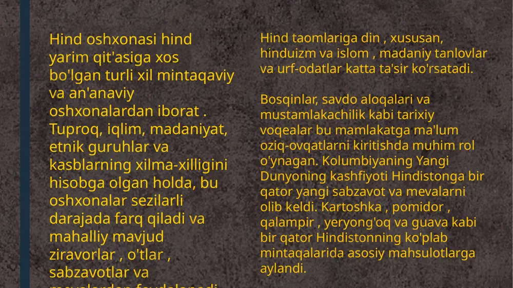 sariyog'li tovuq hindistonning milliy taomi sifatida to'g'ri tanlovdir paneer ko'p qirrali ingredient bo'lib, u har bir taomning rangi va ta'mini oladi. yumshoq, xushbo'y va dekadent, paner tikkaning har bir luqmasi juda yoqimli. xushbo'y ziravorlar aralashmasida marinadlangan va tandirda mukammal tarzda qovurilgan yumshoq kubiklar og'izni sug'oradigan atıştırmalık bo'lib, uni istalgan vaqtda tatib ko'rish mumkin. yo'l bo'yida, oddiy restoranlarda va hindistonning eng dabdabali kurortlarida mavjud bo'lgan paneer tikka hindistonning milliy taomlari unvoniga kuchli da'vo qiladi hindistonda chhole bhatureni tatib ko'rmagan taomni yaxshi ko'rmagan odam bo'lmasa kerak. chuqur qovurilgan bhaturaning bir bo'lagini sindirib tashlang va saxiy chhole yordamini oling. noʻxatdan tayyorlangan sous har bir luqmada o'ziga xos ta'mga ega. hindiston milliy taomlari uchun bu og'ir vaznli da'vogarni kunning istalgan vaqtida tatib ko'rish mumkin. agar siz uni nonushta uchun iste'mol qilsangiz, u kuningizni kuchli boshlaydi va kechki ovqat sifatida, bu bemalol zavqlanishingiz mumkin bo'lgan indulgensiyadir. foydalanilgan adabiyotlar: dias (1996). the steward. orient blackswan. p. …