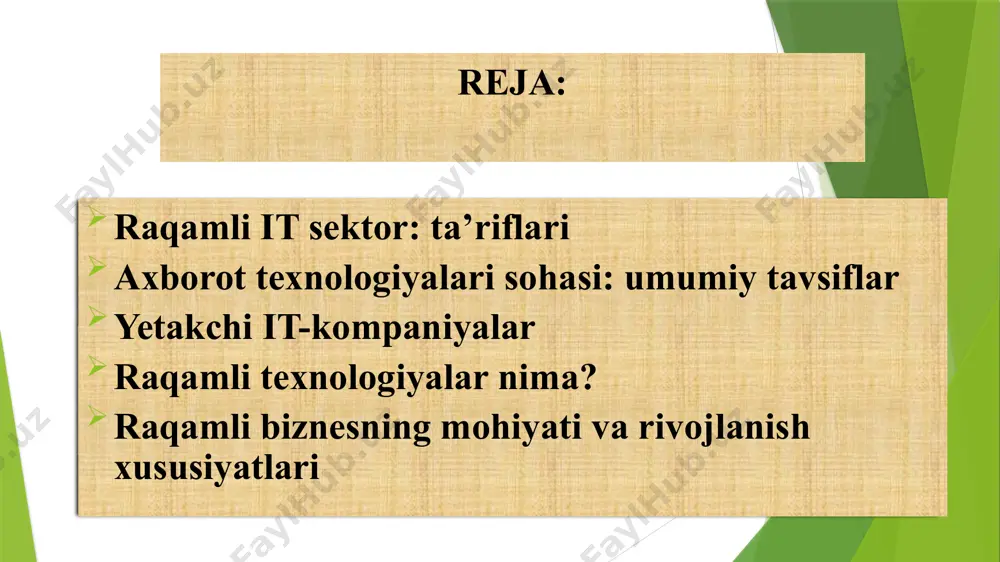 va dastur tuzuvchilari “narsalar interneti” (internet of things) mutaxassislari talab qisqaradigan kasblar: ma’lumotlarni kiritish bo‘yicha mutaxassislari ma’muriy-ijroiya kotiblari buxgalteriyani yuritish va ish haqini yuritish bo‘yicha mutaxassislari buxgalterlar va auditorlar montaj va zavod ishchilari biznes xizmatlar va boshqaruv rahbarlari (o‘zr keskin oshdi) mijozlar haqida ma’lumot va mijozlarga xizmat ko‘rsatish xodimlari bosh va operatsion menejerlar mexanika va mashinasozlik ta’mirchilari materiallarni ro‘yxatga olish va saqlash bo‘yicha xizmatchilar rivojlanayotgan iqtisodiyotlarda it sohasida taxminan 1 foiz aholi mehnat qiladi, ushbu sektor ish o‘rinlarini boshqalarga solishtirganda nisbatan kamroq yaratadi. biroq it yo‘nalishining yuksalishi yangi texnologiyalarni o‘zlashtirayotgan boshqa sohalarda ish o‘rinlarining yaratilishiga turtki beradi (it sohasida yaratilgan har 1 ta yangi ish o‘rni uchun yondosh sohalarda 4,9 ta ish o‘rni to‘g‘ri keladi). bugungi kunda butun davlatning rivojlanishi it sohasining rivojlanishiga bevosita bog‘liq, shuning uchun dunyoning ko‘pgina mamlakatlari birinchi navbatda barcha e’tiborini butun it-ekotizimni yaxshilash uchun qulay shart-sharoitlarni yaratishga qaratmoqdalar. axborot texnologiyalari va dasturiy ta'minotga ixtisoslashgan raqamli gigantlar …