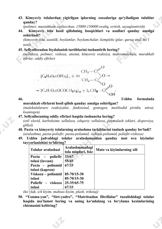 kislikni ko‘z bilan chamalash, gravometrik usul) 35. iplarning notekisligini aniqlash usullarining bir-biridan farqi qanday? (notekislikni ko‘z bilan chamalash, gravometrik usul, standart bo‘yicha iplar, kesim uzunligi, analitik yo‘l, fotoelektrik datchik) 36. xomashyoning nuqsonliklarini ip yigirish jarayoniga ta’siri qanday bo‘ladi? (mexanik, biologik, aralash shikastlanish, m.a.xojinova, buramdorlik, jingalaklik) 37. tolalarning buramdorligi ip yigirishda qanday ahamiyatga ega va buramdorlik chastotasi hamda buramdorlik turg‘unligi qanday? (,,, buramdorlik, chastotasi, buramdorlik ko‘rsatkichi) 38. tabiiy tolalarning tarkibidagi nuqsonlik va iflosliklar qanday? (o‘zdst 632-2009, murakkab chigal tola, ballastli nuqsonlar, zararli nuqsonlar) 39. kimyoviy tolalarning nuqsonliklari va iflos aralashmalari qanday? (nuqson, dag‘al, uzun, qirqilmagan, shoxsimon, yopishgan kimyoviy tola, shoxsimon kimyoviy tola, ifloslangan ip) 40. yigirilgan ip va kompleks iplarning nuqsonliklari qanday? (nuqson, namuna, torsion tarozi, rangli nuqson, ifloslangan ip, moy tekkan kirlangan, davriy yo‘g‘on joylari bor ip) 41. yigirilgan iplarning nuqsonliklarini aniqlashda qaysi uskunalardan foydalaniladi? (nuqson, namuna, torsion tarozi, rangli nuqson, ifloslangan ip, moy tekkan kirlangan, davriy yo‘g‘on joylari bor …