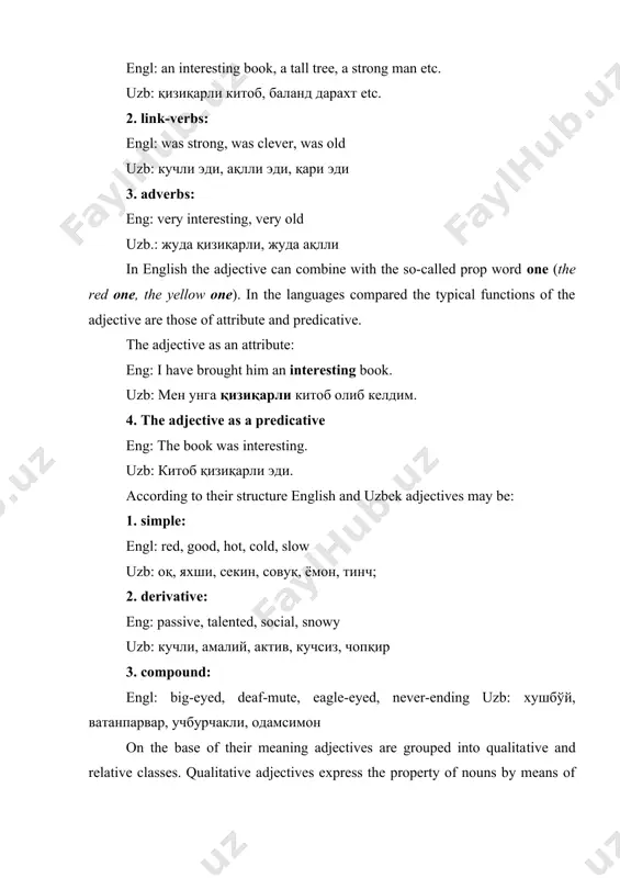 а 2. qualitative adjectives have the degrees of comparison: positive comparative superlative english sweet sweeter sweetest high higher highest happy happier happiest uzbek кенг кенгроқ энг кенг қора қорароқ энг қора relative adjectives express properties characterizing an object through its reference to another object. eng: excessive, excitable, exclamatory, frontless, golden, indian, chinese, individual, posthumous, fundamental, risky, impressionable, homeless, floppy, gold, silk, silky, mental etc. uzb: тушунарли, турли, туганмас, таълимсиз, ташландиқ, те- мирбетон, темирдай, сўзсиз, терма, қақраган, тақлидий, тишли, тойдек, текин, одамсимон, тонгги, тошкўнгил, ибратли, ижодий, сеҳрли, субутли, сурранг, севинчли etc. relative adjectives differ according to their meaning. they denote properties of nouns related to: 1) inanimate nouns which are concrete or abstract: a diamond ring, бриллиант узук etc. 2) animate nouns expressing persons, animals, birds: eagle eye, товуқ мия etc. 3) animate and inanimate nouns expressing locality or position: field flowers, дала гуллари. 4) animate and inanimate nouns expressing time: …