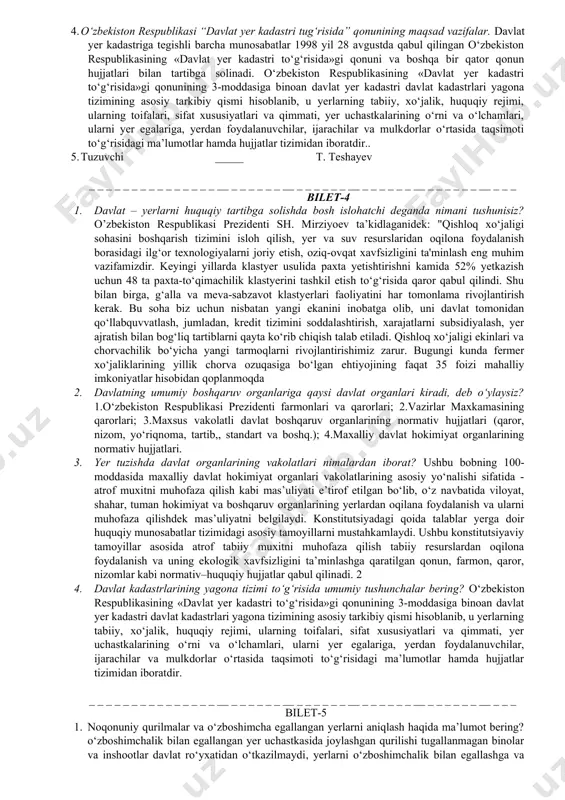 shdi savdolarida sotila boshlandi, eng muhimi rivojlangan bozor talablariga mos ravishda yer uchastkalarini xususiylashtirish ishlari yo‘lga qo‘yildi. shu asosda davlatimizning yerga doir siyosatida muhim o‘zgarishlar sodir bo‘ldi. o‘zbekiston respublikasida hozir amalda bo‘lgan yangi yer kodeksi, “fermer xo‘j‘aligi to‘g‘risida”, “dehqon xo‘jaligi to‘g‘risida”, “qishloq xo‘jaligi kooperativi (shirkat xo‘jaligi) to‘g‘risida”, “davlat yer kadastri to‘risida” va boshqa bir qator qonun hujjatlarining qabul qilinishiga davlatimiz rahbarining yerga oid normativ hujjatlari asos bo‘lib xizmat qildi. 3. yer qonunchiligini rivojlanish tarixi necha bosqichni o‘z ichiga oladi? yer jamiyat rivojlanishining qadimiy davrlaridan boshlab, yer munosabatlarining moddiy asosi va mulkchilikning asosiy manbai vazifasini bajarib kelmoqda. yerlarni samarali foydalanishga moslash ishlari juda qadim zamonlardan boshlangan bo‘lib, u davrlarda bu ishlar tasodifiy xaraktyerga ega bo‘lgan va asosan yerlarni foydalanish maqsadlariga qarab chegaralash ishlari olib borilgan. masalan: qabilalar o‘zlari foydalanadigan yerlarni dehqonchilik, chorvachilik va ov qilish maqsadlari uchun bo‘lishgan. keyinchalik yerga mulkchilik munosabatlari paydo bo‘lgandan keyin, bu ishlar yerlarni aniq maqsadlar bo‘yicha …