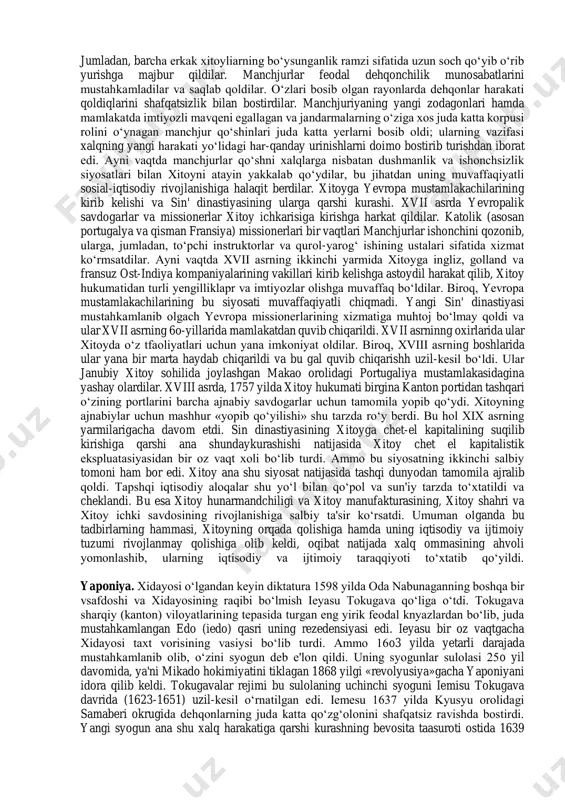 jumladan, imperator xonadonining bosh mahramlari qatl etildi, ularning mol-mulklari esa musodara etildi. yangi hukumat dehqonlardan soliq olmadi, armiyani va davlat boshqaruvi apparatini saqlash uchun6 zarur mablag‘lar, asosan feodal-er egalariga hamda eng badavlat shaharliklar - savdogarlar va sudxo‘rlarga ko‘plab soliq solish orqali undirib olindi. biroq, li szi chen pekinda faqat 42 kun turdi. shundan keyin u poytaxtni tark etishga majbur bo‘ldi. xitoy feodallar, min dinastiyasining ochiqdan-ochiq tarafdorlari, qisman esa min dinastiyasiga oppozisiyada bo‘lgan feodallar dehqonlar harakatining avj olishidan hamda revolyusion hukumat tadbirlaridan qo‘rqib ketib, tashqi dushmanlar-manchjurldar bilan til biriktirdilar va ulardan qo‘zg‘olon ko‘targan xalqqa qarshi yordam so‘radilar. manchjurlar bilan muzokaralarda xoin-min generallaridan biri u sangguy aktiv rol' o‘ynadi. shahzoda durgan (manchjuriyaning yoshi yetmagan imperator huzurida shahzodalik vazifasini bajarib turgan) boshchiligidagi manchjurlarning juda katta armiyasi xitoy yerlariga bostirib kirdi. li szi chen ham ikki yuz mingga yaqin kishidan iborat katta armiyasi bilan manchjurlarning hamda ularga qo‘shilgan u sangguyning qo‘shinlariga qarshi otlandi. biroq, …
