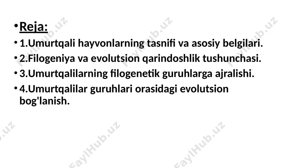 filogenetik daraxtlar va kladogrammalarni tahlil qilib, umurtqalilar o‘rtasidagi qarindoshlikni tasvirlash. asosiy qism 1.umurtqali hayvonlarning tasnifi va asosiy belgilari. umurtqalilar xo'rdalilar tipiga mansub umurtqa pog'onasi va bosh skaletiga ega bo'lgan hayvonlar guruhidir. xordalilar tipi(chordata)ga shakli va yashash sharoiti nihoyatda xilma xil bulgan hayvonlar kiradixordalilarning barcha asosiy yaxshash muhitida:suvda,yer yuzida,tuproq qatlamida,va havoda uchraydi. geografik jihatdan ular butun yer yuzida tarqalgan.hozirgi zamon xordalilarining umumiy soni 40mingtaga yaqin. xordalilar tipiga bosh suyaksizlar(lansetniklar), to'garak og'izlilar( minoga va miksinalar),baliqlar, suvda ham quruqlikda yashovchilar,sudralib yuruvchilar, qushlar va sutemizuvchilar kiradi. 2.filogeniya va evolutsion qarindoshlik tushunchalari. filogeniya — bu organizmlarning tarixiy rivojlanishi, ya’ni turlar yoki yirik guruhlarning kelib chiqishi va ularning bir-biri bilan evolyutsion qarindoshlik asosidagi bog‘liqligidir.filogeniya biologiyada turlarning qanday qilib paydo bo‘lgani, o‘zgarib borganligi va bir-biri bilan qanday qarindoshlikda ekanligini aniqlashga yordam beradi.filogeniya ko‘pincha filogenetik daraxt (kladogramma) shaklida ifodalanadi. bu daraxtda barcha organizmlar umumiy ajdoddan boshlab, tarmoqlanib ketgan holda tasvirlanadi. masalan: qushlar va sudraluvchilar umumiy ajdodni bo‘lishgani sababli, …