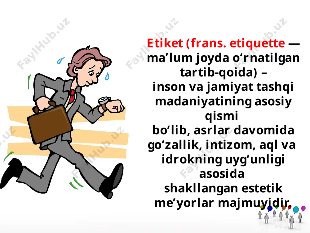 i did, farosat, xayo kabi insoniy fazilatlar bilan bog‘liq holda talqin etilgan. savol va topshiriqlar: 1. «etiket» tushunchasiga ta’rif bering. siz etiket deganda nimani tushunasiz. etiketni o‘rganish nima uchun kerak? 2. odob-axloq qoidalari bilan etiketning qanday farqli va o‘xshash tomonlari bor? 3. jamiyatda qabul qilingan tartib-qoidalarni — etiketning oltin qoidalari deb atash mumkinmi? fikringizni asoslang. image2.jpg image3.jpeg image4.jpeg image5.jpeg image6.jpeg image7.jpeg image8.jpeg image9.jpeg image10.jpeg image11.jpeg image12.jpeg image13.jpeg image14.jpeg image15.gif image16.jpeg image17.jpeg image1.jpg