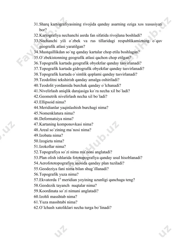 anday tasvirlanadi? 39. teodolitni tekshirish qanday amalga oshiriladi? 40. teodolit yordamida burchak qanday o`lchanadi? 41. nivelirlash aniqlik darajasiga ko`ra necha xil bo`ladi? 42. geometrik nivelirlash necha xil bo`ladi? 43. ellipsoid nima? 44. meridianlar yaqinlashish burchagi nima? 45. nomenklatura nima? 46. deformatsiya nima? 47. kartaning komponovkasi nima? 48. areal so`zining ma`nosi nima? 49. izobata nima? 50. izogieta nima? 51. izokollar nima? 52. topografiya so`zi nima ma`noni anglatadi? 53. plan olish ishlarida fototopografiya qanday usul hisoblanadi? 54. aerofototopografiya asosida qanday plan tuziladi? 55. geodeziya fani nima bilan shug`illanadi? 56. topografik yuza nima? 57. ekvatorda 10 meridian yoyining uzunligi qanchaga teng? 58. geodezik tayanch nuqtalar nima? 59. koordinata so`zi nimani anglatadi? 60. izohli masshtab nima? 61. yuza masshtabi nima? 62. o`lchash xatoliklari necha turga bo`linadi? 63. o’quvchilar yozgi dam olish oromgohiga avval shimoliy – sharqiy, so’ngra janubiy, keyin esa janubiy-g’arbiy yo’nalishda jo’nab ketdilar. ular oromgohdan xuddi shu yo’l bilan qaytsalar qaysi yo’nalishlar bo’yicha …