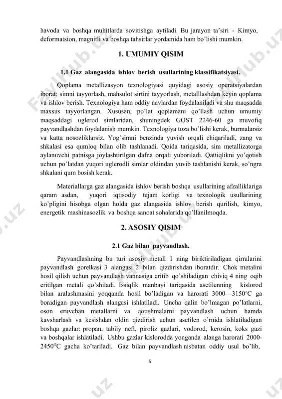 an metali qo’shiladi. issiqlik manbayi tariqasida asetilenning kislorod bilan aralashmasini yoqqanda hosil bo’ladigan va harorati 3000—3150oc ga boradigan payvandlash alangasi ishlatiladi. uncha qalin bo’lmagan po’latlarni, oson eruvchan metallarni va qotishmalarni payvandlash uchun hamda kavsharlash va kesishdan oldin qizdirish uchun asetilen o’rnida ishlatiladigan boshqa gazlar: propan, tabiiy neft, piroliz gazlari, vodorod, kerosin, koks gazi va boshqalar ishlatiladi. ushbu gazlar kislorodda yonganda alanga harorati 2000- 2450oc gacha ko’tariladi. gaz bilan payvandlash nisbatan oddiy usul bo’lib, murakkab, qimmat jihozlarni hamda elektr energiya manbayini talab qilmaydi. gaz bilan payvandlashning kamchiligi shundaki, metall yoy yordamida payvandlashdagiga qaraganda sekin qizdiriladi, metallga ta’sir qiluvchi. gaz bilan dastaki payvandlash issiqlik zonasi katta bo’ladi. gaz bilan payvandlashda issiqlik bir yerga kam to’planadi, payvandlanadigan detallar esa ko’proq tob tashlaydi. alanga bilan metallning nisbatan sekin qizdirilishi va issiqlikning bir yerda to’planmasligi sababli payvandlanadigan metallning qalinligi ortishi sayin gaz bilan payvandlashning ish unumi ham kamaya boradi. jumladan, po’latning qalinligi 1 mm bo’lganida …
