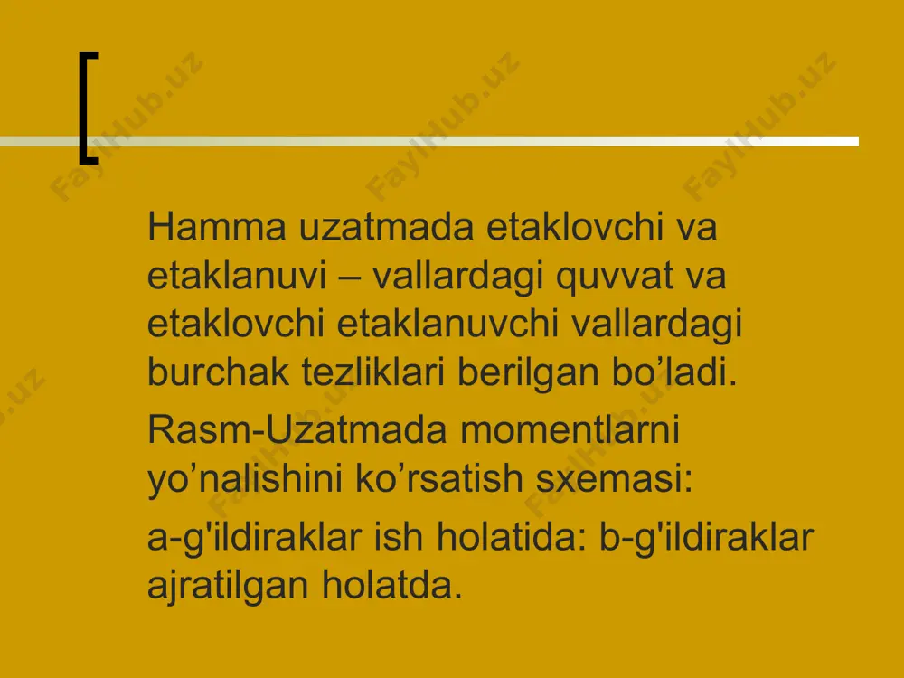 - normal qadam - yon sirt qadami - tish og’ish burchagi. aytilganlarga ko’ra qiya tishli g’ildirakning bo’luvchi diametri bu erda z - tishlar soni tishlashish nazariyasini isbotlash sxemasi tishlashish nazariyasida. bu erda: - shesternyani burchak tezligi - g’ildirakning burchak tezligi - shesternyani aylanma radiusi - g’ildirakning aylanma radiusi. uzatmani asosiy o’lchamlari