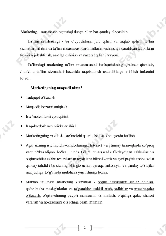 e’molchi qaerda bo‘lsa o‘sha yerda bo‘lish · agar sizning iste’molchi-xaridorlaringiz internet va ijtimoiy tarmoqlarda ko‘proq vaqt o‘tkazadigan bo‘lsa, unda ta’lim muassasada fikrlaydigan rahbarlar va o‘qituvchilar ushbu resurslardan foydalana bilishi kerak va ayni paytda ushbu xolat qanday tahdid ( bu sizning ishingiz uchun qanaqa imkoniyat va qanday to‘siq)lar mavjudligi to‘g‘risida mulohaza yuritishimiz lozim. · maktab ta’limida marketing xizmatlari - o‘quv dasturlarini ishlab chiqish, qo‘shimcha mashg‘ulotlar va to‘garaklar tashkil etish, tadbirlar va musobaqalar o‘tkazish, o‘qituvchining yuqori malakasini ta’minlash, o‘qishga qulay sharoit yaratish va hokazolarni o‘z ichiga olishi mumkin. · shuningdek, ehtiyojlarni hisobga olish muhim. o‘quvchilar va ularning ota-onalari qiziqishlari, masalan, o‘qishni tugatgandan so‘ng ta’limni davom ettirish imkoniyatlari haqida ma’lumot beradi, o‘quvchilar foydali tajriba va bilim olishlari uchun turli soha mutaxassislari bilan uchrashuvlar tashkil qiladi. таълим муассасаларида маркетинг хизматини ташкил этиш қуйидаги босқичлардан ўтади: · таълим хизматлари бозори ва рақобат муҳитини таҳлил қилиш · ўқувчиларнинг мақсадли аудиторияси ва эҳтиёжларини аниқлаш · маркетинг стратегияси …