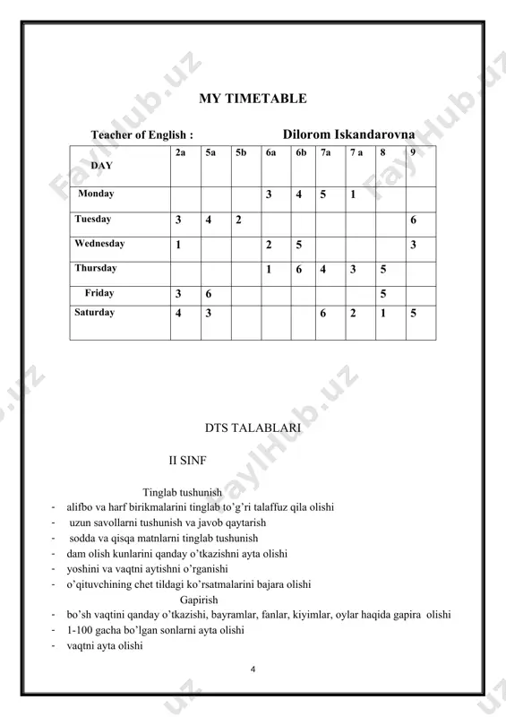 ishi vi sinf tinglab tushunish - tinglanayotgan matnning muhim joylarini o’ziga belgilab qo’ya olish ; -kerakli, qiziqtiruvchi ma’lumotni matndan ajratib olish uchun tinglash ; -ma’lumotlarni tekshirib ko’rish uchun matnni tinglash ; -tanish so’zlardan iborat bo’lib, 150 tagacha so’zni o’z ichiga olgan xabar va dialogni tinglab, asosiy mazmunini tushuna olish gapirish -o’qigan yoki tinglagan matnlari yuzasidan ma’lum bir vazifalar asosida savollarga javob berish, gapira olish; -asosiy mavzuga oid qisqa suhbatlarda ishtirok etish, oddiy so’zlar bilan o’z fikr va tuyg’ularini 4-5 ta gap bilan mantiqan to’g’ri ifodalay olish; -suhbatdoshiga o’tilgan mavzu yuzasidan qisqa ravishda o’z fikrini gapirib bera olish; o’qish -so’zlarning ma’nosini tushunish uchun ikki tilli lug’atlar yoki darslik oxirida beriladigan lug’atdan foydalana olish; - o’qishga oid matnlar yoki qisqa hikoyalarni tanlab olib, mustaqil ravishda o’qiy olish va o’qish yuzasidan berilgan topshiriqni bajara olish; -matnning asosiy g’oyasini tushunish uchun o’qiy olish; -matnni batafsil ma’lumot olish uchun o’qiy olish; -ma’lumotlarni tekshirib ko’rish uchun …
