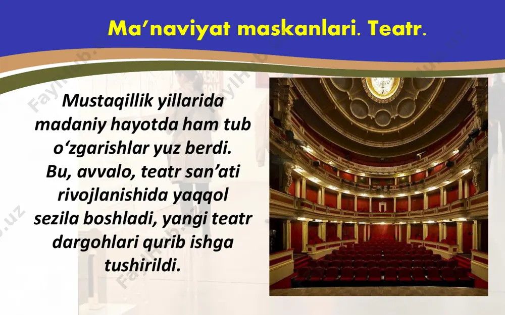 ent davlat milliy raqs va xoreografiya oliy maktabi tuzildi. vazirlar mahkamasining 1997-yildagi qarori bilan har ikki yilda bir marotaba samarqand shahrida “sharq taronalari” xalqaro musiqa festivali o‘tkazila boshlandi. birinchi festivalda dunyoning 31 mamlakatidan vakillar ishtirok etishdi. 1998-yili mamlakatimizda birinchi marta simfonik musiqa festivali o‘tkazildi. mazkur festivalda dunyoning 20 ga yaqin mamlakatlaridan ijrochilar ishtirok etishdi. tasviriy san’at. tasviriy san’at uchun mustaqillik keng imkoniyatlar yaratib berdi. avvalo, 1997-yilda o‘zbekistonda birinchi bor badiiy akademiya tashkil etildi. kino. mustaqillik yillarida milliy kino san’atini rivojlantirishga ham alohida etibor qaratildi. dastlabki davrdagi moliyaviy qo‘llab- quvvatlashlar 2004-yili “o‘zbekkino” milliy agentligi tashkil etilgandan keyin yangi bosqichga ko‘tarildi. badiiy adabiyot. umuman, adabiyotga e’tibor madaniyatning muhim yo‘nalishi bo‘lib qoldi. yozuvchilarni qo‘llab-quvvatlash borasida 2010-yil o‘zbekiston yozuvchilar uyushmasi huzurida “ijod” fondi tashkil etilib, 2011-yildan yosh ijodkorlarning birinchi kitoblari davlat hisobidan chop qilina boshlandi. muzey o‘zbekiston prezidentining 1998-yildagi “muzeylar faoliyatini tubdan yaxshilash va takomillashtirish to‘g‘risida”gi farmoni mamlakatimizda muzey ishini rivojlantirish istiqbollarini belgilab berdi. …