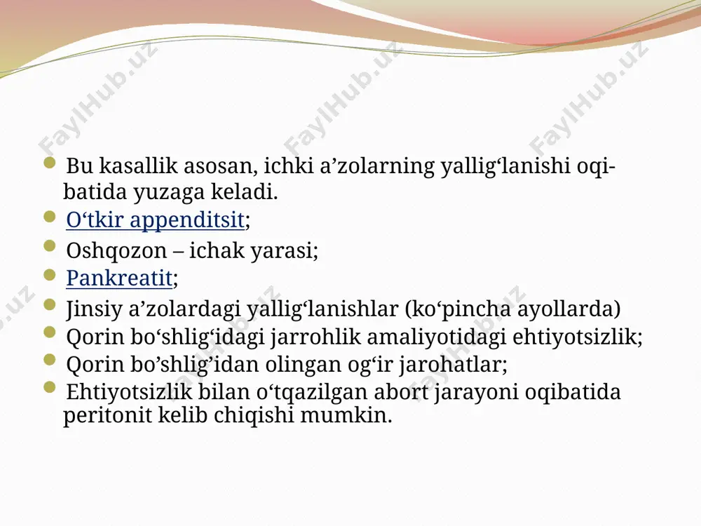 yiringlab yallig‘lanadi. ekssudat (suyuqlik) ning tabiatiga qarab serozli, yiringli va gemorragik peritonitlar farqlanadi. bularning uchalasida ham dastlab qorin sohasiga og‘riq yoyiladi. avvalo qorin pardasining yallig‘langan joyi og‘riydi, keyin boshqa sohalarga tarqalad shifokorlar bu kasallikni aniqlashda turli usullardan – auskultatsiya, ultra tovush tekshiruvi (utt) hamda tomografiya tekshiruv usullaridan foydalanishadi. bulardan eng samaralisi sifatida tomografiya usuli tavsiya etiladi. chunki, tekshiruv a‘zolardagi o‘zgarishlarning eng elementar birligini ham aniqlashga imkon beradi. yuqorida sanab o‘tilgan kasallik belgilari kuzatiladigan bo‘lsa, tezda jarrohga murojaat etish zarur. agar, peritonit hamda shunga o‘xshash jarrohlik amaliyoti talab qilinadigan kasalliklar murojaatchida aniqlanmasa, jarroh tomonida gastroenterologga yo‘naltiriladi. klinik nuqtai nazardan peritonit belgilarini shartli ravishda umumiy va mahalliy turlarga bo’lish mumkin. eng xarakterli ilk belgilar quyidagilar: – bemorning umumiy ahvoli og’irligi; – bemorning majburiy holati; – yuz qiyofasining o’tkirlashib iztirobli ko’rinishi (gippokrat yuzi); – teri va skleralarining sarg’imtir tusga kirishi og’ir intoksikatsiyadan dalolat beradi; – qorinda og’riq: somatik va vistseral bo’lishi mumkin; somatik …