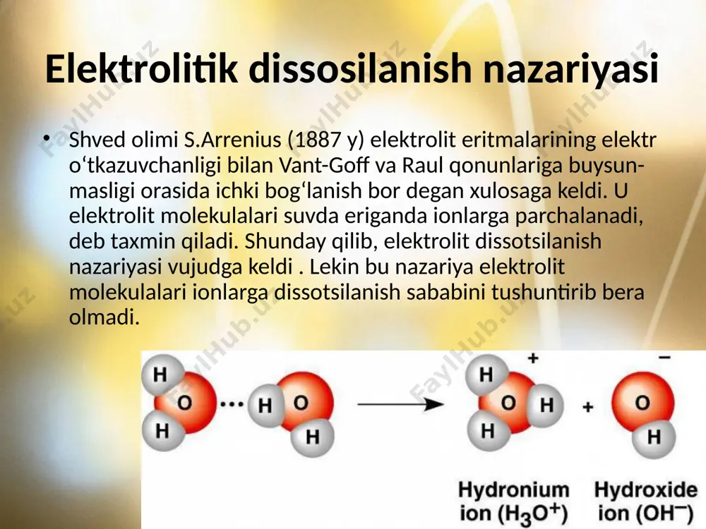 anish darajasi 0,3 yoki 30% dan yuqori, kuchsiz elektrolitlarga esa dissotsilanish darajasi 0,3 yoki 30% dan past bo‘lgan moddalar kiradi. elektrolitik dissosilanish ch3cooh======================= h++ch3coo- molyarlanish dissotsilanish darajasi koncentratsiyaga bog‘liq bo‘lib eritma suyultirilgan sari ortadi. chunki eritmaning kichik koncentratsiyasida ionlarning tuknashish ehtimolligi kamayadi. buni sirka kislota mi-solida quyidagicha ko‘rsatish mumkin: koncentratsiya , s norm. 1,0 0,1 0,01 0,001 dissotsilanish darajasi,.18° 0,004 0,014 0,.042 0,124 image2.png image3.jpeg image4.jpeg image1.jpeg