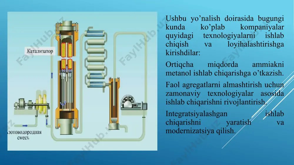 n nitrat kislota ishlab chiqarish jarayoni, shuningdek tayyor mahsulot -nitrat kislotaning xarakteristikasi berilgan. nitrat kislotasi rangsiz, muzlash nuqtasi 41ºc va qaynash nuqtasi 86ºc bo‘lgan suyuqlikdir. hno3 bu kuchli oksidlovchi moddadir.uning ta’siri ostida ko‘plab organik moddalar parchalanadi, ba’zilari esa alanganadi.nitrat kislotaning kimyoviy xossalari suyultirilganda ortadi. xomashyo xarakterlandi.boshlang‘ich xomashyo ammiak hisoblanadi[1]. ammiak oddiy sharoitda – nashatirspirtli o‘tkir xarakterli hidi bo‘lgan havodan 2 marta yengil rangsiz gaz, bundantashqari u zaharli hisoblanadi. kislorod va havo bilan portlovchi aralashmalar hosilqiladi. ammiak suvda va boshqa erituvchilarda yaxshi eriydi. ammiakning kontakt oksidlanishi bilan olingannitrat kislota ishlab chiqarishning texnologik uskunalari va texnologik jarayoni ko‘rib.bunda nitrat kislota ikki bosqichda olinadi : – birinchi bosqich-ammiakning azot oksidiga (ii)kontaktli oksidlanishidir: 4nh3+5o2→4no+6h2o+904 kdj ikkinchi bosqich - no2 yuqori oksidlarga oksidlanishi va suvga yuttirish orqalikislota hosil bo‘lishi bilan: no + o2→2no2+ 212,7 kdj 2no+h2o→2hno3+no+73,6 kdj shunday qilib, nitrat kislota olishning umumiy reaksiyasi quyidagi tenglama bilanifodalanishi mumkin: nh3+2o2→hno3+h2o+329,5 kdj nitrat kislota hosil bo‘lish jarayoni …