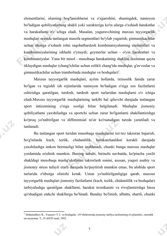 htirish tuzilmasi bo'yicha bajarish xarakteriga va ayniqsa, tanlangan mashqlar kinematikasiga imkon qadar mos keladi. sport intizomi. ko'pgina maxsus tayyorgarlik mashqlari orasida murabbiy nafaqat aniq vazifani hal qilish uchun ularni tanlash, balki qismlar, elementlar, harakatlarning ligamentlaridan yangilarini yaratishga qodir bo'lishi kerak. bular muvofiqlashtirish, harakat qilish, xarakter, amplituda va boshqa xususiyatlar bo'yicha musobaqa mashqlariga o'xshash mashqlar bo'lishi kerak. biroq, mashg'ulotlarning barcha vositalari jalb qilinganlarning individual xususiyatlarini hisobga olgan holda tanlanishi kerak. ulardan ba'zilari sportchining allaqachon kuchli tomonlarini yanada yaxshilashi kerak, boshqa vositalar individual texnik harakatlar yoki jismoniy fazilatlarni rivojlantirishi kerak. umumiy tayyorgarlik mashqlari asosan sportchining umumiy tayyorgarligi vositalaridir. shunday qilib, juda ko'p turli xil mashqlardan foydalanish mumkin - ularning ta'siri bo'yicha maxsus tayyorgarlikka yaqin va ulardan sezilarli darajada farq qiladi (shu jumladan qarama-qarshi yo'naltirilganlar). ko'pgina sport turlari bo'yicha, ayniqsa, o'sib borayotgan sportchilarni tayyorlashda umumiy tayyorgarlik mashqlarining ahamiyati ko'pincha kam baholanadi. alohida mutaxassislar uzoq muddatli tayyorgarlikning barcha bosqichlarida maxsus jismoniy tayyorgarlik hajmini keskin …
