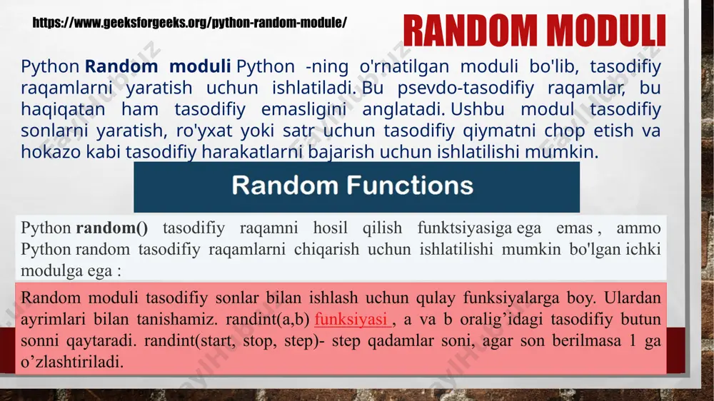 20, 2) 2-bosqich bilan 2 dan 20 gacha bo'lgan istalgan tasodifiy butun sonni qaytaradi random.randrange(100, 1000, 3) muayyan uzunlikdagi 3 tasodifiy butun sonni qaytaradi random.randrange(-50, -5) -50 dan -6 gacha bo'lgan har qanday tasodifiy manfiy sonni qaytaradi. random.sample(range(0, 1000), 10) tasodifiy raqamlar ro'yxatini qaytaradi secrets.randbelow(10) xavfsiz tasodifiy raqamni qaytaradi xavfsiz tasodifiy raqamlar secret bu qanaqasiga bo’ldi xavfsiz tasodifiy raqamlar shunaqasi ham bo‘larkanmi secret moduli parollar, account autentifikatsiyasi, xavfsizlik tokenlari va tegishli secret kabi ma'lumotlarni boshqarish uchun mos kriptografik jihatdan kuchli tasodifiy raqamlarni yaratish uchun ishlatiladi. import secrets a=secrets.randbelow(10) print(a) natija 4 python dasturlash tilida tasodifiy parol yasash print(‘tamom’) image2.jpg image3.jpeg image4.png image5.png image6.jpeg image7.jpeg image8.png image9.png image10.png image11.png image12.png image13.jpeg image14.jpg