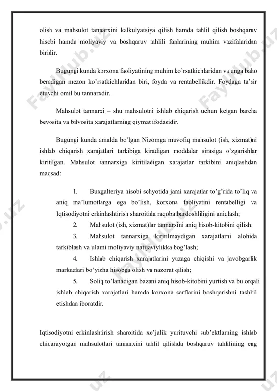 lilining eng asosiy vazifalari bo’lib quyidagilar hisoblanadi: · ishlab chiqarish xarajatlarini o’rganish va ularning holatiga baho berish; · mahsulot tannarxini pasaytirish bo’yicha belgilangan rejani bajarilishi va dinamikasini nazorat qilish; · ishlab chiqarish xarajatlarini iqtisodiy elementi va kalkulyatsion moddalari bo’yicha o’rganish va ularga baho berish; · mehnat unumdorligi bilan ish haqi xarajatlari o’rtasidagi nisbatni o’rganish; · tannarxning o’zgarish sabablarini aniqlash va unga ta’sir etuvchi omillarni miqdor jihatidan hisoblash; · ayrim turdagi mahsulot tannarxini xarajat moddalari bo’yicha tahlil etish; · tannarxni pasaytirish bo’yicha mavjud imkoniyatlarni aniqlash va hakozo. “mahsulot (ish, xizmat)lar tannarxiga kiritiladigan, mahsulot (ish, xizmat)larni ishlab chiqarish va sotish bo’yicha xarajatlar tarkibi hamda moliyaviy natijalarni shakllantirish haqida”gi nizomga muvofiq ishlab chiqarish xarajatlarini hisobga olishning umumiyligi ta’minlangan. buning yakunida mahsulot (ish, xizmat)larni ishlab chiqarish va sotish xarajatlarini rejalashtrish, tahlil etish va nazorat qilishga imkoniyat tug’iladi. mazkur nizom buxgalteriya hisobi maqsadlarida va soliqqa tortish maqsadlarida xarajatlarni hisoblash tartiblaridagi farqlanishlarini hisobga olib ishlab chiqilgan. …
