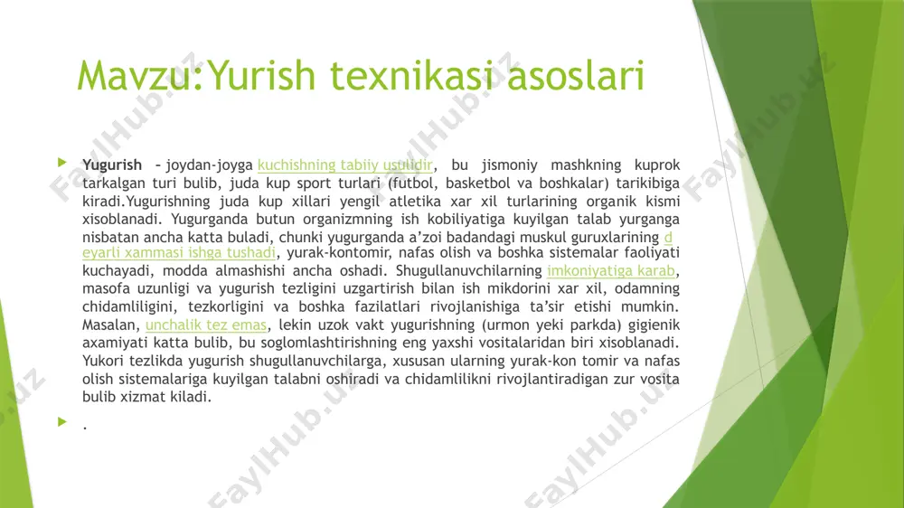 ismo­niy mashkdir. yengil atletika musobakalarida yugurish va estafetaning turli xillari yetakchi urin tutadi, ularga tomoshabinlar xam juda kizikadilar. shuning uchun yugurish musobakalari eng kuchli tashvikot vositalaridan biri xisoblanadi. yengil atletikada yugurishning bir necha usullari mavjud: tekis yugurish, tusiklar osha yugurish, estafetada yugurish va tabiiy sharoitda yugurishlardir. tekis yugurish ma’lum masofaga yoki vaktbay tarzda yugurish yulkasida (soat strelkasi xarakatiga teskari yunalishda) utkaziladi. 400 m va undan kiska masofaga yugurishda xar bir yuguruvchi uchun aloxida yulka ajratiladi. kolgan masofaga yugurish umumiy yulkada utkaziladi. belgilangan masofani utish uchun sarflangan vakt sekundomer bilan ulchanadi. yurish-insonnnig joydan-joyga kuchishdagi oddiy usul bulib, turli yoshdagi kishilar uchun ajoyib mashk, bulib xisoblanadi. uzok va bir tekisda yurganda a’zoi badandagi kariyb barcha muskullar ishlaydi, organizmdagi kontomir, nafas olish va boshka sistemalar faoliyati kuchayadi, natijada modda almashinishi ortadi. jismoniy mashk, sifatida odatdagi yurishning avvalo soglomlashtirish axamiyati bor. odamni ilk bolalik chogida yurishga urgatadilar. lekin bu bilan kifoyalanib bulmaydi, xamma odamlar …