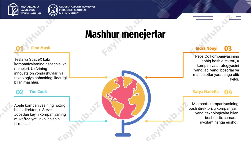 ayonlarini optimallashtirish va samarali tashkil etish uchun mas'uldirlar. menejerlik ta'limda quyidagicha amalga oshiriladi: resurslarni boshqarish mavjud muammolarni hal etish: rejalashtirish va tashkil etish: nazorat va baholash: vazifalar va ishlarni taqsimlash: ta'limda menejerlar resurslarni boshqarish uchun javobgardirlar. bu o'quv materiallari, o'qituvchilar, texnologik vositalar, vaqt va budjetni o'z ichiga oladi. samarali menejerlik resurslarning optimal ishlatilishini ta'minlaydi. menejerlar o'quv yilini yoki ta'lim jarayonini rejalashtiradilar. o'qituvchilarni dars jadvali, o'quv materiallari, imtihonlar va baholash tizimlarini tashkil etish orqali ta'lim jarayonining samarali o'tishini ta'minlaydilar. menejerlar o'quvchilarning va o'qituvchilarning ishlashini nazorat qiladilar. darslarning sifatini baholash, o'quvchilarning rivojlanishini kuzatish va o'qituvchilarni baholash orqali ta'lim sifatini oshiradilar. menejerlar o'quv jarayonida vazifalarni taqsimlashni boshqaradilar. ular o'qituvchilarga dars rejalari, testlar va boshqa ta'lim ishlarini belgilab, ularning bajarilishini nazorat qiladilar. liderlar ta'limdagi o'quvchilarga katta maqsadlarni belgilab, ularni ularga erishishga ilhomlantiradi. menejerlar esa bu maqsadlarga erishish uchun resurslarni boshqaradilar. liderlik orqali motivatsiya va maqsadlar 01 o'zgartirishlar va yangiliklarni ta'lim tizimiga kiritishda samarali liderlik …