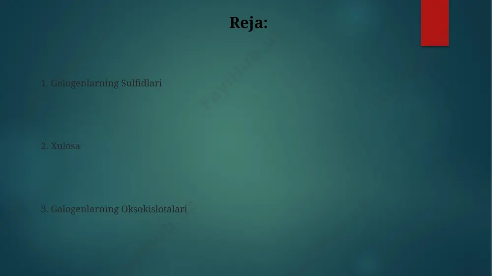 lgilaydi. galogenlarning sulfidlarining olinishi galogenlarning sulfidlari, masalan, s₂cl₂, past haroratlarda (masalan, -20°c) xlor va oltingugurtni to'g'ridan-to'g'ri reaksiyaga kirishishi orqali olinadi. reaksiya darajasini nazorat qilish muhimdir. yuqori darajadagi s-cl bog'lanish energiyasi tufayli, galogen sulfidlarining sintezida yuqori temperatura va bosim talab qilinishi mumkin, bu jarayonning murakkabligini oshiradi. masalan, s₂br₂ olish uchun 100°c dan yuqori harorat zarur. galogenlarning oksokislotalarining turlari galogenlarning oksokislotalari, masalan, xlor oksokislotalari, hclo, hclo₂, hclo₃ va hclo₄ kabi to'rtta asosiy turga ega bo'lib, ularning oksidlanish darajalari mos ravishda +1, +3, +5 va +7 ni tashkil qiladi. yodning oksokislotalari, xlor va bromga qaraganda kamroq barqaror bo'lib, ular orasida hio, hio₂, hio₃ va hio₄ kabi kislotalar mavjud. hio₄ ning ikkita izomeri mavjud: metaperiod kislota va ortoperiod kislota. e'tiboringiz uchun rahmat @taqdimot_robot image6.jpg image7.jpg image8.jpg image9.jpg image10.jpg image11.jpg image12.jpg image2.png image3.png image4.png image5.png