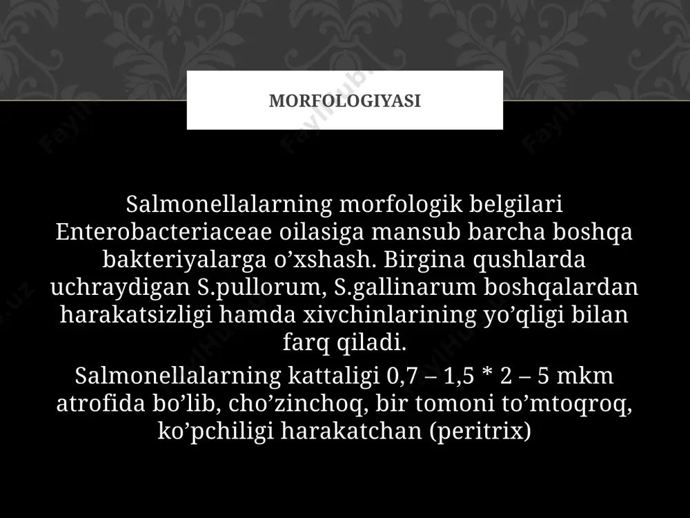 ’zgarmaydi. chidamliligi salmonellalarning fermentativ xususiyati ularni ajratib olishda (hatto serovarigacha) asosiy omil hisoblanadi. ular glyukoza va mannitni kislota hamda gaz hosil qilib parchalaydi, jelatinani eritmaydi, vodorod sulfid va indol hosil qilmaydi. salmonellalar adonit, laktoza, saxaroza va salitsinni fermentlamaydi. mochevinani esa parchalamaydi. toksin hosil qilishi: endotoksin, ayrim shtammlari esa entero-toksin yoki sitotoksin hosil qiladi, ularning kasallik patogenezida ahamiyati katta. biokimyoviy xususiyati hal qiluvchi tashxis kasallik qo’zg’atuvchisini bemordan yoki ifloslangan ovqat mahsulotlaridan ajratib olingandan so’ng qo’yiladi. bakteriologik tekshirish uchun bemor najasi, qusug’i, me’da chayindi suvi, qon, peshob, murdaning a’zolari, qolgan ovqatlar maxsus muhitlarga ekiladi. ajratib olingan sof undirmalarning kultural va biologik xususiyatlari va ularning serologik guruhlari hamda serologik variantlari aniqlanadi. bundan tashqari, kasallikka sabab bo’lgan kultura va ovqat qoldig’ini hayvonlarga yuqtirib biologik sinama qo’yiladi. yuqorida qayd qilingan tekshiruv manbalaridan najasni tekshirish eng ishonchli dalillardan hisoblanadi. kasallikning gastrointestinal xilida bakteriologik taqqiqotlar birinchi kundanoq olib borilishi kerak. chunki xastalikning etiologik omilini aniqlash birinchi haftada …