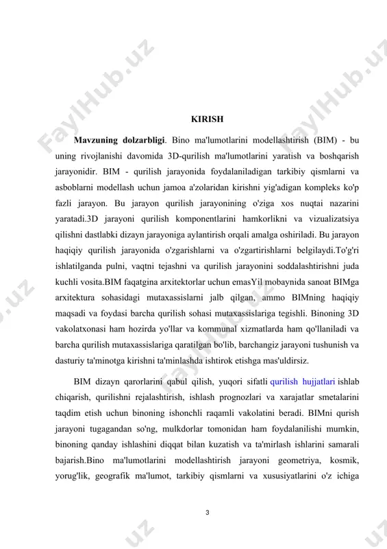 loyihalash va modellashtirish mavzusini o'rganish va tadqiq etishdan iborat. kurs ishi vazifalari: 1.binolarni me’moriy va rejaviy yechimlarini o'rganish; 2.bino barpo etishda arxitekturaviy loyihalashni o'rganish; 3.bino va uylarning arxitektura modellarini ishlab chiqarishni o'rganish; 4.qog'ozli uy modeli: diagrammalarni o'rganish va tahlil etishdan iborat kurs ishi ob’ekti: bino intererlarini loyihalash va modellashtirishni. kurs ishi predmeti: bino intererlarini loyihalash va modellashtirishning amaliy ahamiyati . kurs ishi tuzilishi: kirish, ikki bob(4ta paragraf), xulosa va foydalanilgan adabiyotlar ro’yxatidan iborat. i bob. binolarni rejaviy yechimlari binolarni loyihalash asoslari bino barpo etishda arxitekturaviy loyihalash 1.1.binolarni me’moriy va rejaviy yechimlari dunyoda odamlar paydo bo‘lgandan boshlab dastlab o‘ziga bosh pana, uy-joy, qurish bilan mashg‘ul bo‘lishgan. asrlar, ming yillar o‘tishi bilan er kurrasida odamlar tomonidan turli tuman binolar, inshootlar, yo‘llar, ko‘priklar suv havzalari bog‘ rog‘lar va boshqalar qurilgan, bunyod etilgan. ma’lumki, har qanday bino va inshootlarni qurish uchun dastlab uning loyihasi chiziladi.[footnoteref:1] bino va inshootlar arxitekturasi fani, bino va inshootlar ularning …