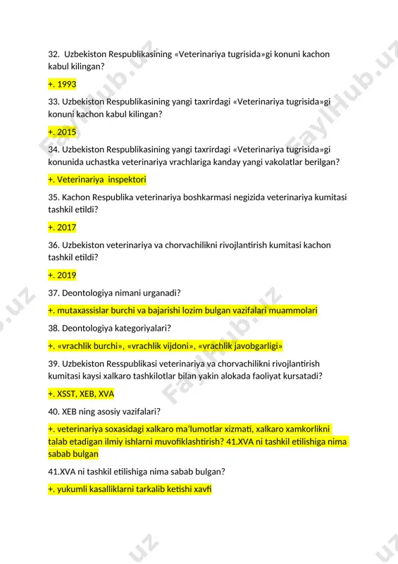 kuki 49.veterinariya meditsinasiga taallukli terminlarni tanlang? +. abssess, piuriya, gepatit 50.veterinarniya meditsinasiga taallukli tushunchalarni tanlang? +. chorvachilik maxsulotlari, veterinariya-sanitariya koidalari va me’yorlari, veterinariya dori preparatlari 51.xayvonni kaysi yul bilan davolashni kim xal kiladi ? +. xayvon egasi 52.veterinariya madaniyati chorvachilik maxsulotlari ishlab chikarishga kanday ta’sir kiladi ? +. kupaytiradi 53.dispanserizatsiya deganda nimani tushunasiz? +. veterinariya-sanitariya va zoogigienik tadbirlar kompleksi 54.degelmintizatsiya utkazish deganda nimani tuщunasiz? +. parazitar kurtlar bilan kasallangan xayvonlarni davolash 55.laboratoriya xodimlariga nima ta’kikilanadi? +. maxsus xavfsizlik kiyim va poyafzallarida laboratoriya xududidan chikish 56.davolashning asosiy prinsipini tanlang? +. zarar yetkazma 57.xayvon egasining davolashdagi urni? +. u davolash yulini tanlaydi 58.veterinariya ob’ekti deganda nimani tushunasiz? +. xayvon va xayvon egasi 59.veterinariya vrachlariga kaysi kasallik xavflirok? +. zooantroponozlar 60.xizmatchilar kaysi yullar bilan kasallanishi mumkin ? +. alimentar, aerogen, transmissiv, kon’yuktival 61.kasal xayvonlar bilan kontakt vaktida nima ta’kiklanadi? +. chekish va ovkat kabul kilish 62.kasal xayvonlar bilan ishlash vaktida veterinariya vrachlari kanaka …