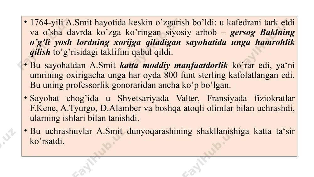 qsimot nazariyasi. a) boylikni ko’paytirish omillari: mehnat taqsimoti, pul, kapital. a.smit o’z kitobida jamiyatning iqtisodiy rivojlanishini va uning farovonligini oshirishni markaziy o’ringa qo’yadi. asarning boshida a.smit boylikni chinakam yaratuvchi bu – har bir xalqning yillik mehnati deb ko’rsatib o’tadi. demak, boylikning manbayi – mehnat. a.smit bu fikrni rivojlantirib, mehnat taqsimoti boylikni yaratishda asosiy omil hisoblanadi, degan xulosaga keladi. chunki mehnat taqsimoti asosida uning unumdorligi oshadi. (to’nog’ich misolida) b) iqtisodiy erkinlik prinsipi bozor to’g’risida a.smit ta‘limotidagi asosiy g’oya iqtisodiy liberalizm g’oyasi, davlatning iqtisodiyotga aralashuvini minimallashtirish g’oyasi, erkin raqobat asosida tashkil topadigan baho yordamida iqtisodiyotning o’zini o’zi boshqarish g’oyasi hisoblanadi. uning ta‘limotiga ko’ra bozor odamlar faoliyatini muvofiqlashtiradi, ularning manfaatlarini uyg’unlashtiradi. bozor iqtisodiyoti novvoyni shirin non yopishga, bog’bonni ekologik toza meva-sabzavot yetishtirishga, savdogarlarni boshqa mintaqalardan arzon bahoga tovarlar olib kelishga undaydi. raqobat sharoitida iste‘molchilar ehtiyojini yuqori darajada qondira oladigan ishlab chiqaruvchilar yashab keta oladi. demak, ko’proq foyda olish ishtiyoqida bo’lgan tadbirkorlarning bir tomonlama …