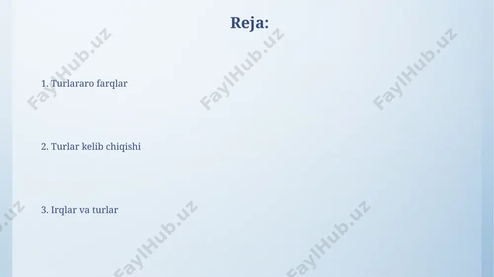 a bog'liq holda o'zgaradi. tur va turlar kelib chiqishi haqida umumiy ma'lumot geografik izolyatsiya va genetik drift kabi omillar yangi turlarni hosil bo'lishiga olib keladi. masalan, galapagos orollaridagi finchlarning turli xil tumshug'lari ularning turli oziq-ovqat manbalariga moslashuvi natijasidir. darvinning tabiiy tanlanish nazariyasi, 1859 yilda chop etilgan "turlar kelib chiqishi" asarida bayon etilganidek, turlar kelib chiqishida muhim rol o'ynaydi va shu orqali organizmlar o'z muhitlariga moslashib, yangi xususiyatlarni rivojlantiradi. inson irqlarining kelib chiqishi inson irqlarining kelib chiqishi taxminan 200,000 yil avval afrikada, aniqrog'i sharqiy afrikada boshlangan va keyinchalik turli mintaqalarga, masalan, osiyo va yevropaga tarqalgan. arxeologik topilmalar, masalan, 40,000 yillik avstraliyada topilgan skelet qoldiqlari va 30,000 yillik yevropa g'or rasmlari, inson irqlarining geografik tarqalishini va madaniy rivojlanishini aks ettiradi. irqlararo munosabatlar va aralashuv o‘zbekistonning turli hududlarida, masalan, farg‘ona vodiysida va xorazmda yashovchi 2 ta irq vakillarining aralashuvi natijasida yangi genetik belgilar paydo bo‘lishi kuzatilgan. genetik tadqiqotlar shuni ko‘rsatdiki, 1500 yil avval …