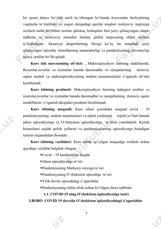 a aylanishi bashorat qilingan edi. endi esa osiyo taraqqiyot banki (otb) iqtisodiyotni keyingi yilda tiklanib olish sharti bilan bu ko‘rsatkichni 4,7 foiz deb hisoblamoqda. jahon banki o‘z xulosasida markaziy osiyoda iqtisodiy inqiroz keskin bo‘lishini bashorat qilgan holda, bu ko‘rsatkichni -4,4 foiz va -2,8 foiz degan. o‘zbekiston uchun o‘sish 1,6 foiz bo‘lishi bashorat qilingan, bu esa inqrozdan oldingi 5,7 foizdan ancha pastdir. jahon banki o‘z bashoratida ko‘pgina omillarning noaniq bo‘lib qolayotganiga urg‘u bergan. yakunda aynan shularga asosan hudud malakatlaridagi iqtisodiy o‘sishning qanday ekani ma'lum bo‘ladi. albatta iqtisodiy o‘sishning pasayishiga o‘zbekistonning asosiy savdo hamkorlari (xitoy, rossiya, turkiya) iqtisodiyotidagi pasayish ham ta'sir qiladi. yana bir muhim omil – xomashyo bozorlaridagi pasayish bilan bog‘liq ishbilarmonlik faolligining sustligi. shuningdek, neft narxining pasayishi ham sezilarli darajada ta'sir qiladi. ko‘p jihatdan mana shu tashqi omillar barqarorlashsa, o‘zbekiston iqtisodiyotida o‘sish bo‘lishi mumkin.optimistik prognozlarga ko‘ra, agar pandemiya jilovlansa, yuqorida tilga olingan mamlakatlar iqtisodiyoti uchinchi chorakda tiklanib olishi kutilmoqda. shunda …