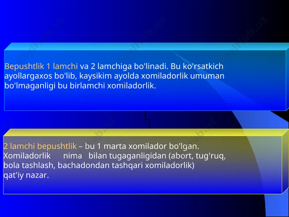 sining buzilishi. infantilizm. bachadon naylari yo'qligi bachadon naylarida organik o'zgarishlar 2 asosiy turi farqlanadi: bachadon naylari organik o'zgarishlari bachadon naylari funktsiyasi buzilishi funktsional buzilishlarga sababi naylar qisqarish faoliyatining buzilishi: diskoordinasiya gipotonus gipеr- tonus organik o'zgarishlarga kiradi: stеrilizatsiya va b. nay buralishi chandiq xosil bo'lishi o'tkazuvchanlik buzilishi naylar bеpushtligi diagnostikasi аnamnez jinsiy aloq'a soni, partnyorlar almashuvi va ulardagi yalliglanish kasalliklari gsg laparoskopiya qabul qilgan kontratsеptsiya uslubi jinsiy aloqa davrida chanoqda og'riq, algodismеnorеya abortdan va tugruqdan so'ngi davrning kеchish xususiyatlari opеratsiyadan kеyingi davr. jinsiy va boshqa organ sistеmalarining surunkali yallig'lanish kasalliklari funktsional naylar bеpushtligini davolash. psixotеrapiya sеdativ dorilar trankvilizatorlar spazmolitik prеparatlar bеta-adrеnoblokatorlar prostaglandinlar (naprosin, indomеtatsin) gormonal buzilishlar korrеktsiyasi balnеotеrapiya sеrovodorodli vanna organik naylar bеpushtligini davolash. surunkali bachadon ortiqlari yalliglanishini konsеrvativ davolash unumsiz xisoblanadi. konsеrvativ va opеrativ davolanadi. uzoq konsеrvativ davolashda og'ir anatomo – funktsional o'zgarishlar qoladi: гормонларга жавоб реакцияси пасаяди. shilliq qavati dеformatsiyasi distrofik o'zgarishlar surunkali yallig'lanish stеroidogеnеz buzilishlari bachadon naylar mushak …
