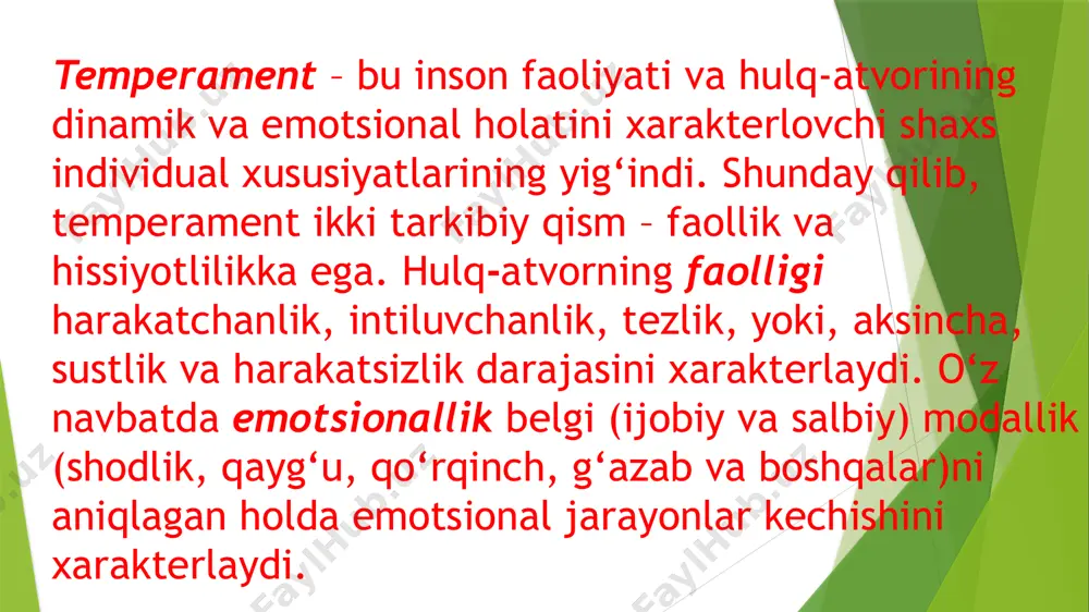 nti engil tabiatlikka moyillik, hislarning etarlicha chuqur va barqaror emasligiga olib kelishi mumkin. temperament haqidagi ta’limotning asoschisi qadimgi yunon tabibi gippokrat hisoblanadi, uning ta’kidlashicha, odamlar «organizmidagi suyuqliklar» nisbati bilan farqlanadilar, suyuqlik yunoncha «krasis» so‘zi bilan ifodalangan; so‘ngra lotincha temperamentum – «mutanosiblik», «to‘g‘ri o‘lchov» so‘zi bilan almashtirildi. gippokrat ta’limotiga tayangan holda antik davr tabibi klavdiy galen temperamentlar tipologiyasini ishlab chiqdi, uni o‘zining «de temperamentum» qo‘l yozmasida bayon etdi. uning ta’limotiga ko‘ra, temperament tipi organizmdagi qon, flegma, sariq va qora safro suyuqliklarining ustunligiga bog‘liq. u 13 xil temperament tiplarini ajratdi, lekin keyinchalik ularni to‘rt xilga birlashtirdi – bu sangvinik (qon), flegmatik (shilliq, balg‘am), xolerik (safro) va melanxolik (qora safro). sangvinik yuksak reaktivlik. bo‘lar-bo‘lmas narsalarga qattiq xoxolab kulaveradi. muhim bo‘lmagan fakt qattiq jahlini chiqaradi. diqqatini jalb qilgan hamma narsalarga tetik va zo‘r qo‘zg‘alish bilan javob beradi. imo-ishoralari va harakatlari yaqqol ko‘rinib turadi. uning aft-basharasiga qarab kayfiyatining qandayligini, narsalarga yoki odamga bo‘lgan munosabatlarini bilish …