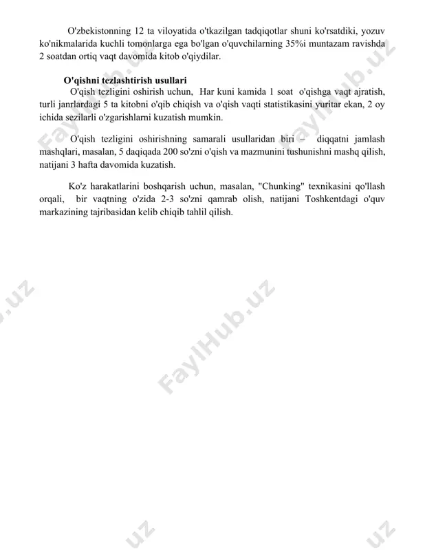 omida kitob o'qiydilar. o'qishni tezlashtirish usullari o'qish tezligini oshirish uchun, har kuni kamida 1 soat o'qishga vaqt ajratish, turli janrlardagi 5 ta kitobni o'qib chiqish va o'qish vaqti statistikasini yuritar ekan, 2 oy ichida sezilarli o'zgarishlarni kuzatish mumkin. o'qish tezligini oshirishning samarali usullaridan biri – diqqatni jamlash mashqlari, masalan, 5 daqiqada 200 so'zni o'qish va mazmunini tushunishni mashq qilish, natijani 3 hafta davomida kuzatish. ko'z harakatlarini boshqarish uchun, masalan, "chunking" texnikasini qo'llash orqali, bir vaqtning o'zida 2-3 so'zni qamrab olish, natijani toshkentdagi o'quv markazining tajribasidan kelib chiqib tahlil qilish. 📌xulosa nutq, muloqot, o'qish va yozuv ko'nikmalariga oid tezkor savollar shuni ko'rsatdiki, ushbu sohalarda bilim va ko'nikmalar darajasi turlicha bo'lib, yaxshilanish uchun qo'shimcha mashg'ulotlar zarurligini ta'kidladi. ba'zi ishtirokchilar kuchli tomonlarini namoyish etsalar-da, boshqalarida esa kamchiliklar aniqlandi. 📚foydalanilgan adabiyotlar 1. nutq, muloqot, o'qish va yozish ko'nikmalariga oid tezkor savollar to'plami. (manba ko'rsatilmagan) 2. til o'rganish metodikasi: nutq va yozma ko'nikmalarni rivojlantirish. (manba …