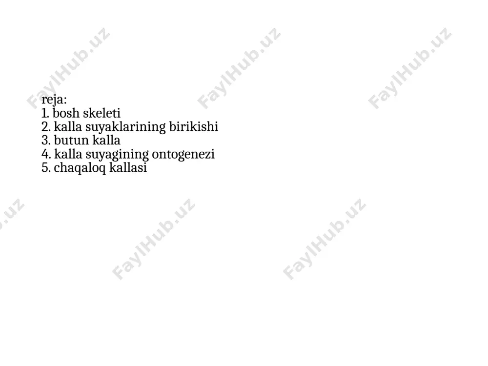 lang domboqcha va ko’rish nervlari joylashgan. ular ikkala tomonda koz boshligiga ochiladigan korish kanalchalari teshigiga tutashadi. p-suyagining ikki yonida uyqu arteriyasi j,dgan egatcha bor. o’ng tomodagi boshliq chap tomondagi boshliqdan sagittal to’siq orqali ajralgan. bu boshliqlar (kovaklar) burn boshligiga ochiladi p-suyak tanasi orqali ensa suyagiga birikadi. kichik qanot bilan katta qanot oraligda j.gan, yuqori koz yorigi, koz kosasini miya boshligiga qoshb turadi. p-suyak ning katta qanotning oldingi chekkasi yuqoriga tomon davom etib peshona suyagi b,n birlashadi. chakka suyagi 1 juft palla (tangasimon) nog’ora piramida (toshsimon) so’rg’ichsimon yangi tug’ilgan chaqoloqlarda alohida b/b, 1 yoshga yetganda 1 butn chakkas suyagini h.q.di tangasimon palla qismining ichki yuzasida miya egatlari izlari bor. tashqi yuazasi silliq, undan chqadigan yanoq o’sig’i yanoq suyagi b,n birlashadi. pastroqda pastki jag’ b,n bo’g’im tuzadigan chuqurcha joylashgan qismi, chakka suyagining tashqi eshituv yo’lini oldingi pastki va qisman orqa tomondan chegaralb turadi. qattiqroq tuzulgan, piramidabag’rida eshituv va muvozanat azolari j,gan. oldingi …