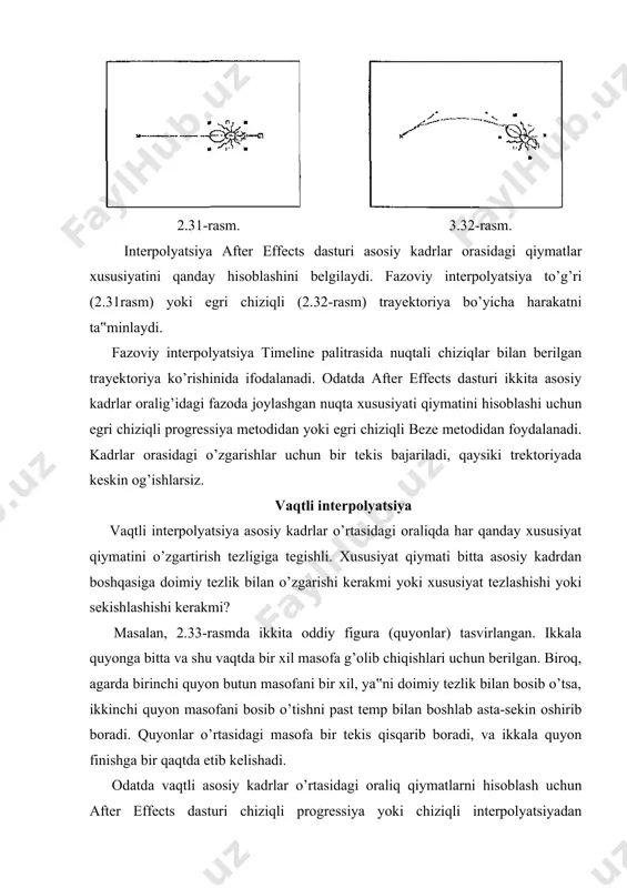 belgilangan, ammo interpolyatsiya metodlari har xil kiruvchi va chiquvchi interpolyatsiya interpolyatsiya asosiy kadrlar o’rtasidagi qiymatlar xususiyatini belgilasa-da, aynan shu asosiy kadrlardan interpolyatsiya turlari boshlanishini unutmaslik lozim. interpolyatsiya turlari asosiy kadrgacha va asosiy kadrdan keyingi xususiyat qiymati sifatida belgilanadi, ya‟ni kiruvchi va chiquvchi interpolyatsiya. shunday ekan, ikkita asosiy kadrlar o’rtasidagi qiymat birinchi kadrdan chiquvchi va ikkinchi kadrga kiruvchi interpolyatsiyani belgilaydi. yaxshiroq tushunish uchun geometrik tushunchalar bilan qiyoslab o’tamiz. shakl konturining yo’naltiruvchi chiziqlarini bog’lovchi nuqtalar kontur shaklini belgilaydi, hamda asosiy kadrlarga tegishli ravishda kadrgacha va kadrdan keyingi trayektoriyani belgilaydi (2.34-rasm). vaqtli interpolyatsiya shuningdek asosiy kadrgacha va asosiy kadrdan keyin xususiyatni o’zgartirish chastotasiga ta‟sir ko’rsatadi. tezlik grafigiga yoki bog’lovchi nuqtalar xususiyati qiymati harakat trayektoriyasiga tegishli ravishda funksionallashadi. ammo grafikalarning tashqi ko’rinishi har doim ham fazoviy trayektoriyaga tegishli bo’lmaydi, ularni sozlash va interpretasiyalash bir munta qiyin bajariladi. 2.34-rasm. asosiy kadrlar bilan berilgan harakat trayektoriyasi kiruvchi va chiquvchi interpolyatsiyani, shuningdek trayektoriya shaklini belgilaydi адабиётлар: 1. …