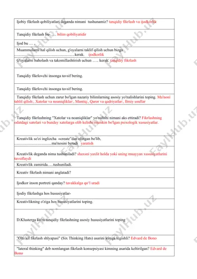 fikrlash savollar — DOCX