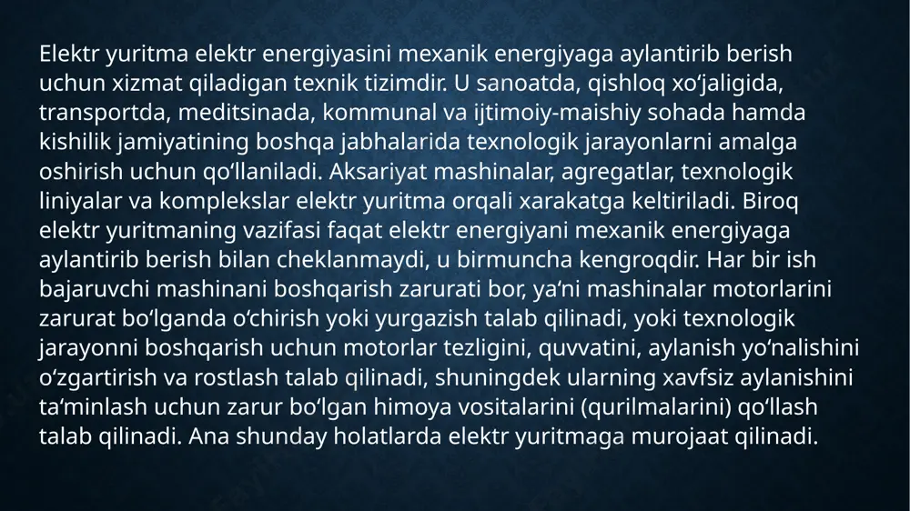 rmashina agregatidan oladi, hozirgi kunda ma’naviy eskirgan hisobladi va muhim jihozlarda ishlatilmaydi. bu tizim faqatgina mobil jihozlar va qurilmalarda qo‘llanilmoqda (masalan, ekskavatorlar). o‘zgarmas tok motori rostlanadigan yuritmaning asosiy tizimi tiristorli o‘zgartgich – o‘zgarmas tok motori bo‘lib qolmoqda. bu tizimning asosiy sxemalari 5.10 - rasmda keltirilgan. tiristorli o‘zgartgichlar sxemasi asosiy elementi yarim boshqariluvchi, yarim o‘tkazgichli asbob – tiristor hisoblanadi. tiristorning yoqilishi boshqaruv tizimi bilan nazorat qilinadi, ya’ni tiristorning boshqaruvchi elektrodiga ochuvchi impuls berilganda u ochiladi va impuls olingandan so‘ng ochiq qoladi. tiristor anod – katod kuchlanish qutbi o‘zgargandan keyin va tok nolgacha tushgandan keyin yopiladi. tiristorlarni zanjirni boshqarish bo‘yicha yopish mumkin emas. shuning uchun ular yarim boshqariluvchi deyiladi. kuch o‘zgartirgich texnikasining rivojlanishi, avvalambor himoyalangan zatvorli tranzistorlarning (igbt – himoyalangan zatvorli qo‘shqutbli tranzistorlar) rivojlanishi o‘zgarmas kuchlanish manbalarini rostlashning keng imkoniyatlarini yaratdi. ular esa o‘zgarmas tok elektr yuritmalarida keng ko‘lamda ishlatilmoqda. igbt – tranzistorlarning asosiy afzalliklari: kuch zanjirining yuqori parametrlari (kuchlanish 1500 v …