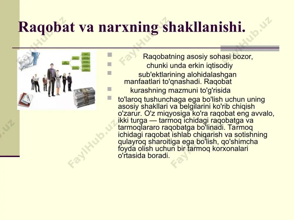 g uchun tashqi savdo davlatning turli talablarini kondirishda, ijtimoiy-iqtisodiy o‘sishni sog‘lomlashtirish va samaradorligini oshirishda muhim kasb etadi. u el va ellatlarni yaqinlashtiradi va oxir oqibat davlat qudratini oshiradi, aholi turmush darajasini yaxshilaydi. har bir tarmoq iqtisodiyotini o’rganish, tahlil qilish yo’lidagi har qanday harakat cheksiz va bajarilishi mumkin bo’lmagan vazifa bo’lur edi. shuning uchun biz bu erda haqiqatga yaqinroq bo’lgan ya’ni bir necha asosiy bozor tuzilishini yoki modelini aniqlash va muhokama etish maqsadini qo’yamiz. shu yo’l bilan biz iqtisodiyot holatini ifodalovchi ko’pgina bozor tiplarida baho va ishlab chiqarish hajmini aniqlovchi umumiy usullar bilan tanishib chiqamiz. 1. sof raqobat. 2. sof holdagi yakka hokimlik. 3. monopol sharoitidagi raqobat. 4. oligopoliya. iqtisodchilar bir-biriga uncha o’xshamagan to’rt xil bozor sharoitini farq qiladilar: маҳсулотнинг сифат кўрсаткичлари ва уларни баҳолаш усуллари absolyut (mutloq) yoki sof holdagi yakka hokimlik mahsulot ishlab chiqarishda firma (yoki korxona) yagona bo’lganda amal qiladigan raqobatdir. sof yakka hokim bu bitta firma yoki …