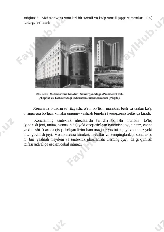 yaqinida quriladi. mehmonxonalar o„zining komfortliligi, sig„imi va texnik jihozlanganligi, shuningdek, taklif etiladigan xizmat ko„rsatish turlariga qarab o„zbekistonda va dunyo miqyosida 5 ta toifa (razryad)ga bo„linadi. toifani aniqlashdagi asosiy mezon mehmonxona xonasi bo„lib, uning sifati, o„z navbatida, xonaning komfortlilik darajasiga bog„liq. komfort esa xonaning jihozlanganlik darajasiga, yuzasiga, o„rinlar soniga, mebelga, ta‟mirlanish darajasi va boshqalarga ko„ra aniqlanadi. mehmonxona xonalari bir xonali va ko„p xonali (appartamentlar, luks) turlarga bo„linadi. xonalarda bittadan to„rttagacha o„rin bo„lishi mumkin, besh va undan ko„p o„ringa ega bo„lgan xonalar umumiy yashash binolari (yotoqxona) toifasiga kiradi. xonalarning santexnik jihozlanishi turlicha bo„lishi mumkin: to„liq (yuvinish joyi, unitaz, vanna, bide) yoki qisqartirilgan (yuvinish joyi, unitaz, vanna yoki dush). yanada qisqartirilgan tizim ham mavjud: yuvinish joyi va unitaz yoki bitta yuvinish joyi. mehmonxona binolari, motellar va kempinglardagi xonalar so ni, turi, yashash maydoni va santexnik jihozlanishi ularning quyi da gi qurilish toifasi jadvaliga asosan qabul qilinadi. oliy (luks) toifadagi mehmonxonaning yashash qismi oliy …