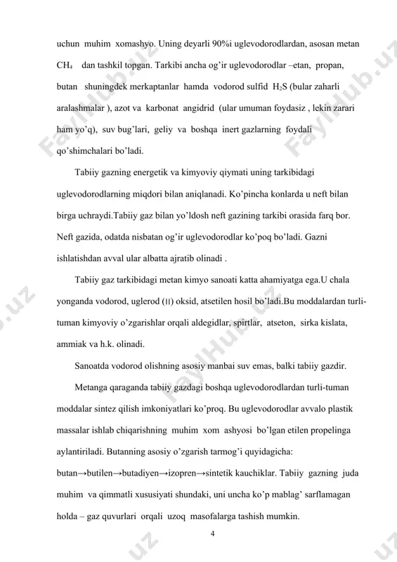 a oshirish uchun faol investitsiya siyosatini olib borishdan iborat [4]. o’zbekiston neft va gaz sanoati ayni kunda mamlakat iqtisodiyotining eng yirik tarmog’i hisoblanadi va energetikaning muhim asosini tashkil etadi. neft gaz kundalik hayotimizning ajralmas qismi bo’lib qoldi. ayniqsa, tabiiy gazlarni zaharli nordon gazlardan tozalash dolzarb masalalardan biri hisoblanadi. tabiiy gaz – ko’pchilik davlatlarning yoqilg’i energetika balanslarida asosiy o’rinni egallaydigan eng muhim qazilma yoqilg’ilardan biri kimyo sano-ati uchun muhim xomashyo. uning deyarli 90%i uglevodorodlardan, asosan metan ch4 dan tashkil topgan. tarkibi ancha og’ir uglevodorodlar –etan, propan, butan shuningdek merkaptanlar hamda vodorod sulfid h2s (bular zaharli aralashmalar ), azot va karbonat angidrid (ular umuman foydasiz , lekin zarari ham yo’q), suv bug’lari, geliy va boshqa inert gazlarning foydali qo’shimchalari bo’ladi. tabiiy gazning energetik va kimyoviy qiymati uning tarkibidagi uglevodorodlarning miqdori bilan aniqlanadi. ko’pincha konlarda u neft bilan birga uchraydi.tabiiy gaz bilan yo’ldosh neft gazining tarkibi orasida farq bor. neft gazida, odatda nisbatan …