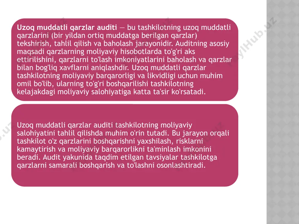 tirish. qarzdorliklarning moliyaviy ko‘rsatkichlarga ta’sirini baholash (masalan, likvidlik va qarz/kapital nisbatlari). hisoblangan foiz xarajatlar auditi qarzdorlikka tegishli foiz xarajatlari to‘g‘ri hisoblanganmi? foiz xarajatlari moliyaviy hisobotlarda to‘g‘ri aks ettirilganmi? kredit shartlariga ko‘ra foizlar va asosiy qarzning ajratilishi. xatolarni aniqlash va tuzatish moliyaviy hisobotlarda uchraydigan keng tarqalgan xatolar. kredit yoki obligatsiya shartlarining noto‘g‘ri aks ettirilishi. noto‘g‘ri foiz hisob-kitoblari va ularni tuzatish. xalqaro va milliy standartlar ifrs 9: moliyaviy vositalarni hisobga olish va baholash bo‘yicha standartlar. milliy audit standartlari (mas): audit jarayonlarining sifatini ta’minlash uchun qo‘llaniladigan qoidalar. risklarni baholash likvidlik riski: kompaniyaning qarzlarini o‘z vaqtida to‘lay olmaslik ehtimoli. moliyaviy barqarorlik riski: uzoq muddatli qarzdorlikning kompaniya kapitaliga salbiy ta’siri 17 amaliy misollar 2017 yilda tesla 1,8 milliard dollarlik obligatsiyalar chiqardi, muddati 2025 yilgacha belgilandi. muammo: 2020 yilda auditorlar: 1. foiz xarajatlarining noto‘g‘ri hisob-kitobini aniqladi. 2. obligatsiyalar yuqori riskli deb baholangani sababli kompaniya likvidlik xatariga uchradi. natija: auditorlar foiz hisob-kitoblaridagi xatolarni tuzatishni va hisobotlarni ifrs …