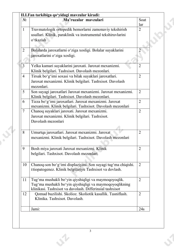 2 7 chanoq suyaklari jaroxati. jaroxat mexanizmi. jaroxat mexanizmi. klinik belgilari. tashxisot. davolash mezonlari 2 8 umurtqa jaroxatlari. jaroxat mexanizmi. jaroxat mexanizmi. klinik belgilari. tashxisot. davolash mezonlari 2 9 bosh miya jaroxati jaroxat mexanizmi. klinik belgilari. tashxisot. davolash mezonlari 2 10 chanoq-son bo‘g‘imi displaziyasi. son suyagi tug‘ma chiqishi. etiopatogenez. klinik belgilariyu tashxisot va dovlash. 2 11 tug‘ma mushakli bo‘yin qiyshiqligi va maymoqoyoqlik. tug‘ma mushakli bo‘yin qiyshiqligi va maymoqoyoqlikning klinikasi. tashxisot va davolash. differinsial tashxisot 2 12 qomad buzilishi. skolioz. skoliotik kasallik. tasniflash. klinika. tashxisot. davolash. 2 jami: 24s iii. amaliy mashg‘ulotlar bo‘yicha ko‘rsatma va tavsiyalar № mashg‘ulot mavzulari soat nazariy qism (50%) amaliy qism (50%) jami 100% 1 ma’ruza. №1. travmatologik ortopedik bemorlarni zamonaviy tekshirish usullari. klinik, paraklinik va instrumental tekshiruvlarini o‘tkazish. amaliy mashg‘ulot №1. travmatologik va ortopedik bemorlarni tekshirish uslublarini o‘ziga xosligi. desmurgiya va transportli immobilizatsiyasi. amaliy ko‘nikma. bemorni xarakat-tayanch tizimini tekshirish. 2/1 3 2/4 soat 2 ma’ruza №2. …