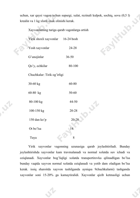 iladi, vagondan tushirish uchun 30 minut vaqt belgilanadi, vagonda qolgan oziqalar go’sht kombinatiga topshiriladi, inventarlar esa xujalika qaytariladi. parrandalarni vagonda tashish. parrandalar vagonga ortilishdan oldin saralanadi, kasal yoki oriq parrandalarni ortish man etiladi, suyiladigan parrandalarni og’irligi, tuxumli, gushtli bo’lsa 600 g, broyler go’shtli bulsa 800 g, indyuk yoki urdak 1300 g, g’oz 2 kg. parrandalarni oziqlantirish va sug’orish tortishdan 2 soat oldin bajarilishi kerak. parrandalar maxsus standart qafaslarda tashiladi. 20 x 35% 35, 90 x 20 x 30 sm. parrandalarni kattaligiga qarab bir kafasga 18-24 bosh joylashtiriladi, urdaklar 150 x 150 sm kafaslarda tashilib 10-12 bosh, g’ozlarni tashishda 180 x 70 x 70 sm , kafaslarda 6-7 bosh joylashtirilib tashiladi. vagonda kafaslar 5-6 kavat qilib joylashtiriladi, oralig’i 80 sm bo’lish kerak. kafaslarda tashish 40 km dan oshmasligi kerak, uzoq yo’lga tashish nisbiy ta’sir ko’rsatadi. uzoq masofaga tashilganda parrandalarni qo’yib yuborilgan holda tashiladi, buning uchun vagon ikkiga bo’linib odam yo’rishi uchun …