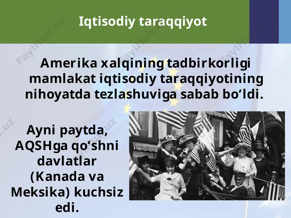 hloq xo‘jaligidagi tub o‘zgarishning mazmunini qo‘l mehnati o‘rnini mashinaning tobora ko‘proq egallab borishi tashkil etdi. 1860—1910-yillar oralig‘ida aqshda fermerlar soni 3 marta ko‘paydi. 1870-yilda aqsh konstitutsiyasiga tuzatish kiritildi. unga ko‘ra, „irqi, terisining rangi yoki ilgarigi qullik holatini bahona qilib“ saylovlarda ishtirok qilishni har qanaqasiga cheklash bekor qilindi. aqshda kuchli prezidentlik respublikasi qaror topdi. ayni paytda, kuchli ikki partiyaviy tizim ham chuqur ildiz otdi. 1854-yilda tashkil topgan respublikachilar partiyasi yirik sanoatchilar va moliyachilar partiyasiga aylandi. savol va topshiriqlar 1. qanday omillar aqshning gurkirab rivojlanishiga sabab bo‘ldi? 2. aqshning dunyoda yetakchi davlatga aylanganligini isbotlovchi dalillar keltiring. 3. aqsh qishloq xo‘jaligida yuz bergan tub o‘zgarishlarning mazmuni nimadan iborat edi? 4. irqchilik qay tariqa vujudga kelgan? u keltirgan ayanchli oqibatlarga misollar keltiring. 5. „kuchli ikki partiyaviy tizim“ iborasi mazmunini izohlab bering. 6. hozir amaldagi aqsh prezidenti qaysi partiya vakili? u haqida bilgan ma’lumotlaringizni qog‘ozga tushiring. image2.jpg image3.jpeg image4.jpg image5.jpg image6.jpeg image7.jpeg image8.jpeg image9.jpeg image10.jpeg …