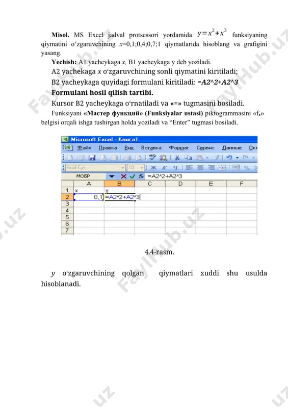 ilgan (dona) umumiy narxi modem 1460 10 printer 2500 15 monitor, 17" 5750 20 kompyuter 19899 25 raqamli fotokamera 10900 4 fleshka, 128 mb 1535 6 skaner 3050 7 qattiq disk, 80 gb 2840 13 noutbuk 51470 1 cd-rom 745 4 cd-rewriter 1550 6 jami 9-variant quyidagi jadvalni kiritib bo‘sh kataklarni to‘ldiring. bank nomi aksiya nominali sotuvda-gi narxi bir yilga e’lon qilingan dividentlar dividentlar bo‘yicha aksiyalar daromadi na cp div divr dn df mikrokreditbank 10000 17780 400 xamkorbank 10000 22900 400 turonbank 5000 5600 320 turkistonbank 1000 2015 653 sqb 1000 2482 736 asaka bank 1000 1000 325 ipoteka bank 50000 27050 360 promstroybank 1000 1200 1535 divr = na*div; dn = div/na; df = divr/cp 10-variant 1. quyidagi jadval asosida shahar aholisi sonining o‘zgarish grafigini chizing. yillar 1930 1940 1960 1970 1980 1990 2000 2010 2020 aholi soni (ming kishi) 19700 72000 124000 169000 201800 207800 196800 193200 179400 …