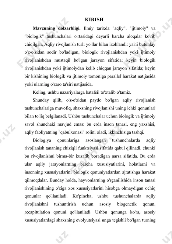 n ma'naviy tabaqalanish bo'ladi. " ushbu parchaning murakkabligiga qaramay, insonning tug'ilishidan boshlanadigan bosqichlari aniq: - pastki sutemizuvchilar; - yuqori sutemizuvchilar; - ibtidoiy odam; - davlatchilikning vujudga kelishi; - qadimiy dunyo; - xristian madaniyati; - zamonaviy madaniyat. albatta, siz shaxsning rivojlanishida va jamiyat tarixida ba'zi o'xshashliklar va takrorlanishlarni ko'rishingiz mumkin. biroq, ular insonning aqliy rivojlanishining mohiyatini ochib berishga imkon bermaydi. bunday o'xshashliklarni olsak, har bir jamiyatda tarixan rivojlanib boradigan va har bir ijtimoiy-tarixiy shakllanishda o'ziga xos xususiyatlarga ega bo'lgan ta'lim va ta'lim tizimini e'tiborsiz qoldirib bo'lmaydi. jamiyatning rivojlanish qonunlari va jamiyatda shaxsning rivojlanish qonunlari turli xil qonunlardir. ular o'rtasidagi munosabatlar, bu qayta hisoblash qonuni nuqtai nazaridan qaraganda ancha murakkab. odamlarning har bir avlodi jamiyatni rivojlanishining muayyan bosqichida topadi va mavjud ijtimoiy munosabatlar tizimiga kiradi. unga insoniyatning avvalgi tarixini biron bir og'ir shaklda takrorlash kerak emas. bundan tashqari, mavjud ijtimoiy munosabatlar tizimiga kirgan holda, har bir shaxs ushbu tizimdagi boshqa odamlarning funktsiyalari …