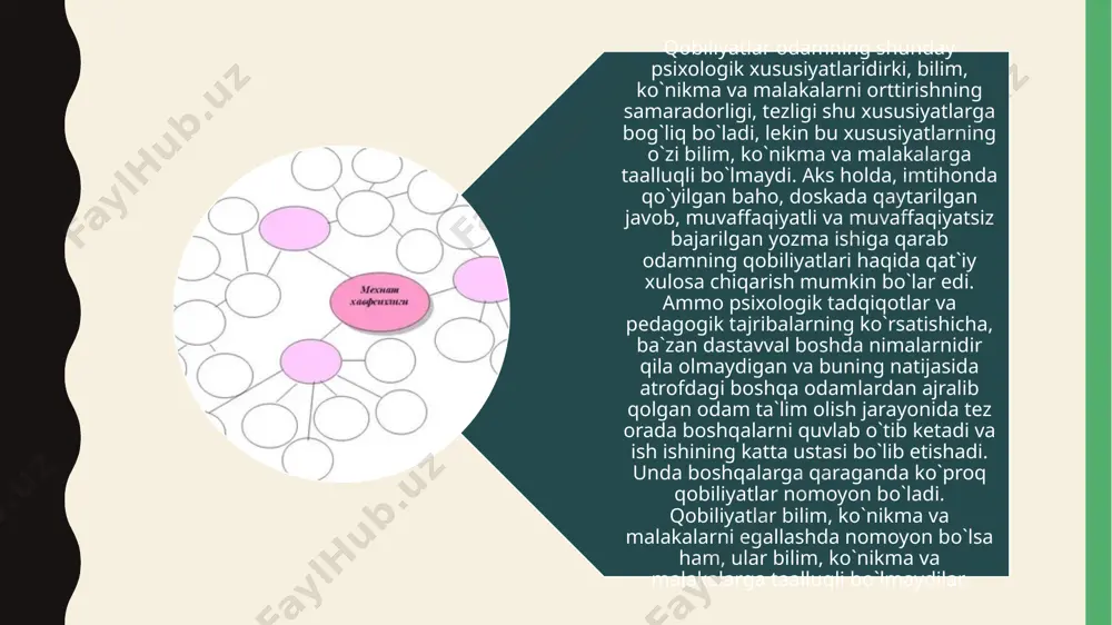 obiliyatlar). ko`rsatib o`tganimizdek birgina iq (intellekt koeffitsienti) asosida kishini ishga qabul qilish, uning imkoniyatlarini baholash noto`g`ri bular edi. shu sababli 50 yillardan boshlab aqliy rivojlanishni o`rganish bilan bir qatorda kishining ijodiy qobiliyatlarini ham o`rganish va o`lchashga katta e`tibor berib boshlandi. bu borada maxsus testlar yaratildi."intellekt" tushunchasi ko`proq psixologiyadagi konvergent tafakkur tushunchasiga mos keladi - birdan-bir to`g`ri javobni izlash va unga keltirishga yo`nalgan. "kreativlik" tushunchasi esa ko`proq divergent tafakkur tushunchasiga mos keladi. divergent tafakkur, bu turli tomonlarga tarmoqlanuvchi, bir vaqtning o`zida turli yo`nalishlarga tarqaluvchi, ko`plab echim variantlarni yaratishga yo`nalgan tafakkur. shu sababli divergent tafakkur kutilmagan natija va yechimlarga olib keladi. ijodiy qobiliyatlarni (kreativlik) baholashda berilgan vazifani echishning "engilligi", "moslashuvchanligi va egiluvchanligi", "orginalligi"ga e`tibor beriladi. kreativlik (umumiy ijodiy qobiliyat) bilimlarni uzgartirishni xarakterlaydi. kreativlik xayol, fantaziya, gipoteza (faraz) qo’yish jarayonlari bilan bog’liq. intellekt esa uzlashtirilgan bilimlarni amalda qo’llash, mavjud bilimlarga tayanib masalani hal kilish (test intellekti)dan iborat. m.vollax va n.kogonlar 11-12 yoshli bolalardagi …