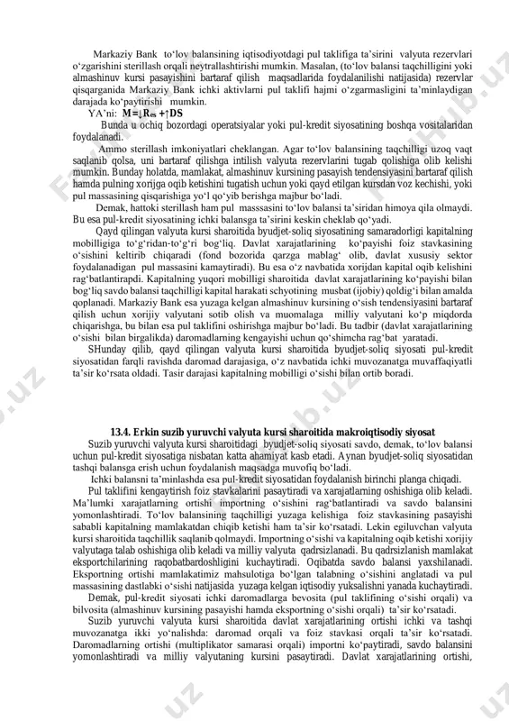 inchi grafik esa y-e modelini aks ettiradi. har bir grafikda o‘zgaruvchi miqdorlardan bittasi konstanta deb olinadi va tahlil ikki o‘zgaruvchining aloqadorligi bo‘yicha o‘tkaziladi. mandell-flemingning y-r modelitasvirlangan grafik ikki xususiyatga ega. 1. is egri chizig‘ining holati almashinuv kursining darajasiga bog‘liq. almashinuv kursining ko‘tarilishi egri chiziqni chapga siljitadi. 2. barcha uch egri chiziq bir nuqtada kesishadi. bunday vaziyatda ikki variant yuzaga keladi: 1. almashinuv kursi juda past bo‘lganligi sababli is va lm egri chiziqlari jahon foiz stavkasidan yuqorida kesishadi. bunday vaziyat chet ellik investorlarni mazkur mamlakat iqtisodiyotiga kapital kiritishga rag‘batlantiradi. natijada mamlakatning valyutasi kursi ko‘tariladi va is egri chizig‘i pastga siljiydi. 2. is va lm egri chiziqlari ichki foiz stavkasi jahon foiz stavkasidan past bo‘lgan nuqtada kesishadi. bunday vaziyatda mazkur mamlakat investorlari kapitallarini xorijga olib chiqib ketishdan manfaatdor bo‘lishadi. natijada milliy valyutaning almashinuv kursi pasayadi va is egri chizig‘i yuqoriga siljiydi. shunday qilib muvozanat lm egri chizig‘ining gorizontal liniya bilan kesishish nuqtasida …